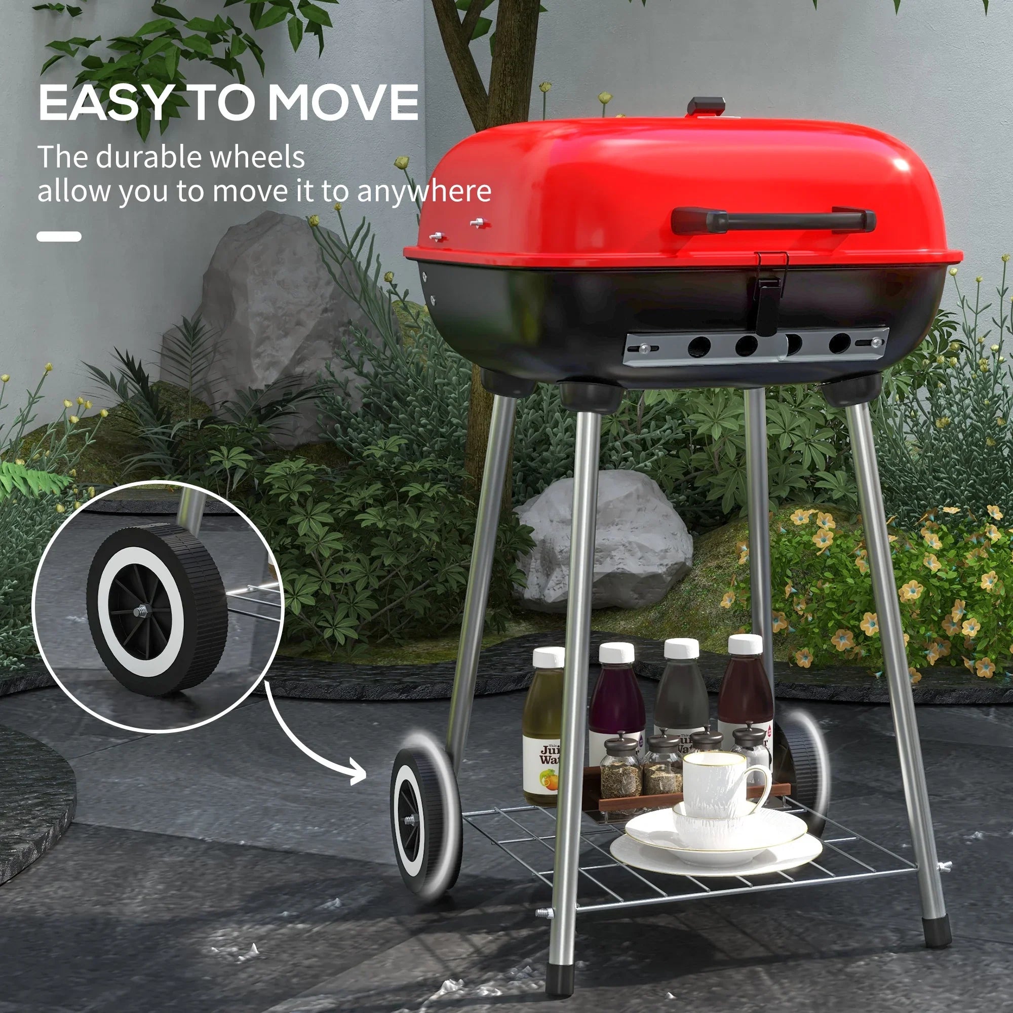 Red Charcoal Outsunny Wheels with Portable Shelf Grill Bottom Picnic, for