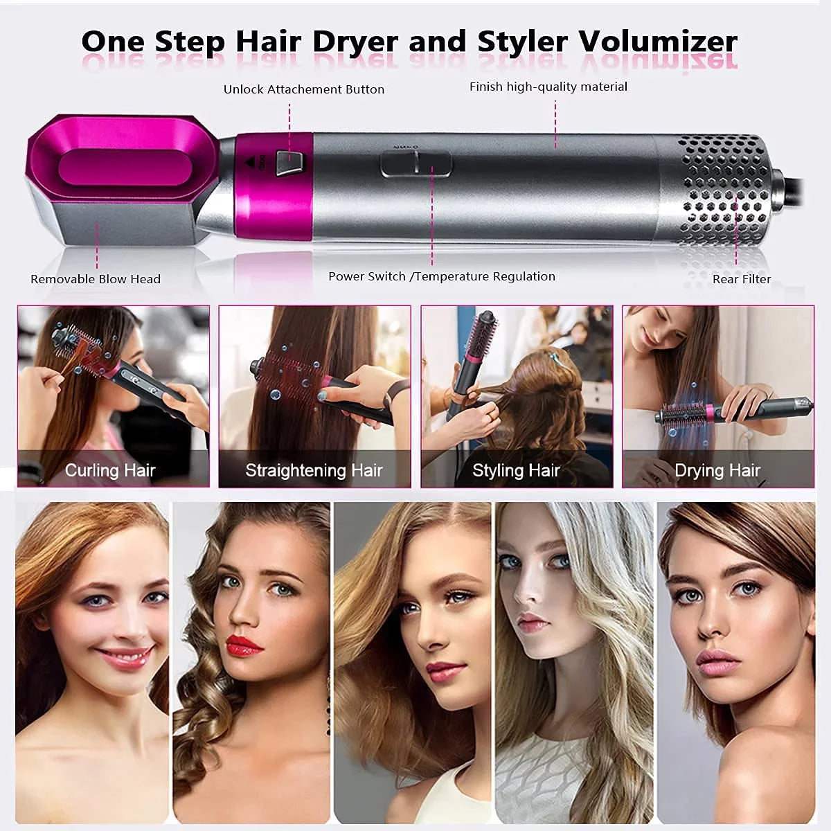 and Dryer - - 5-in-1 Detachable Negative Color: Brush Styling, Automatic Straightening Brush Heads PinkGold Dryer Blow Ionic Curling Hair Hair with Brush Styler for Electric