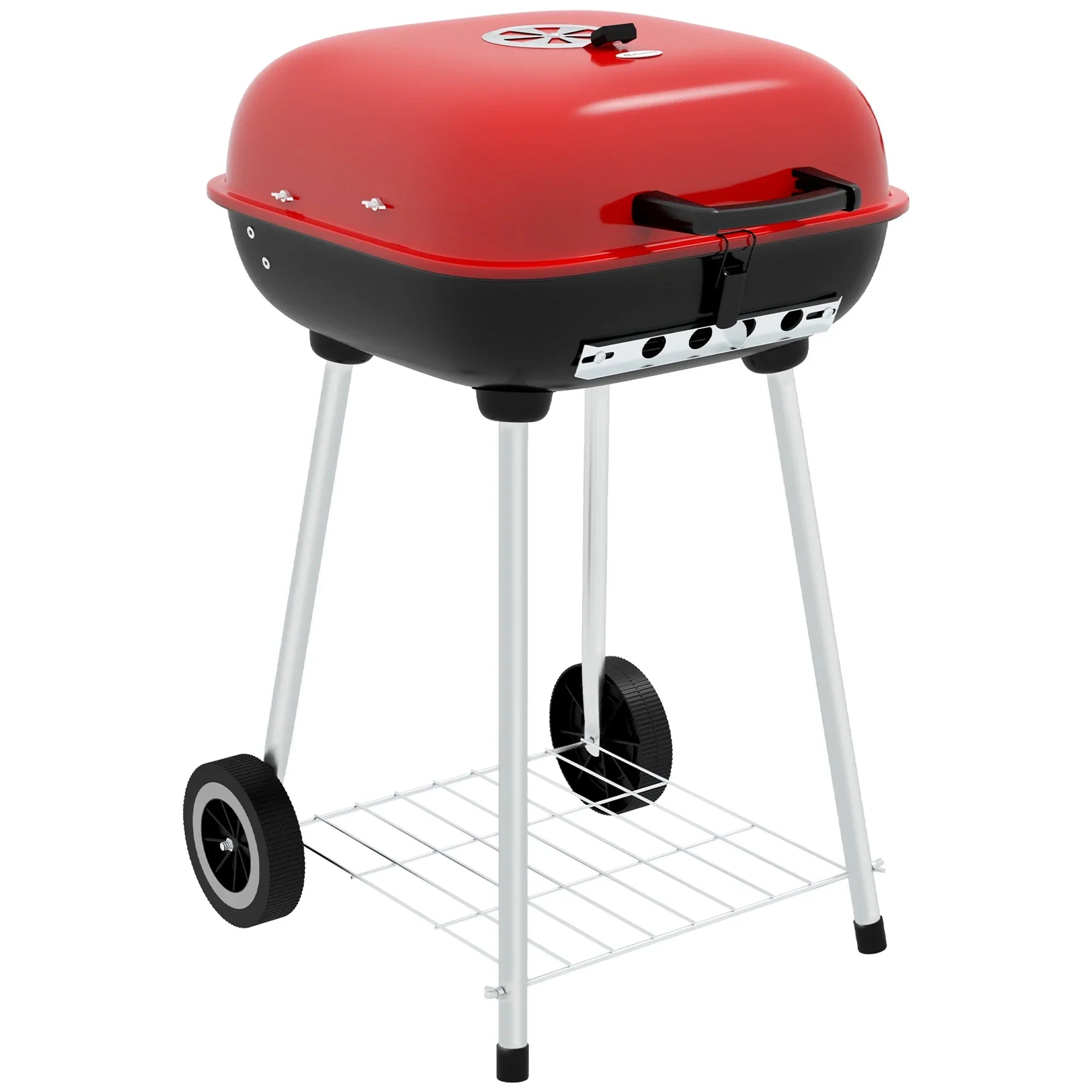 Red Charcoal Outsunny Wheels with Portable Shelf Grill Bottom Picnic, for