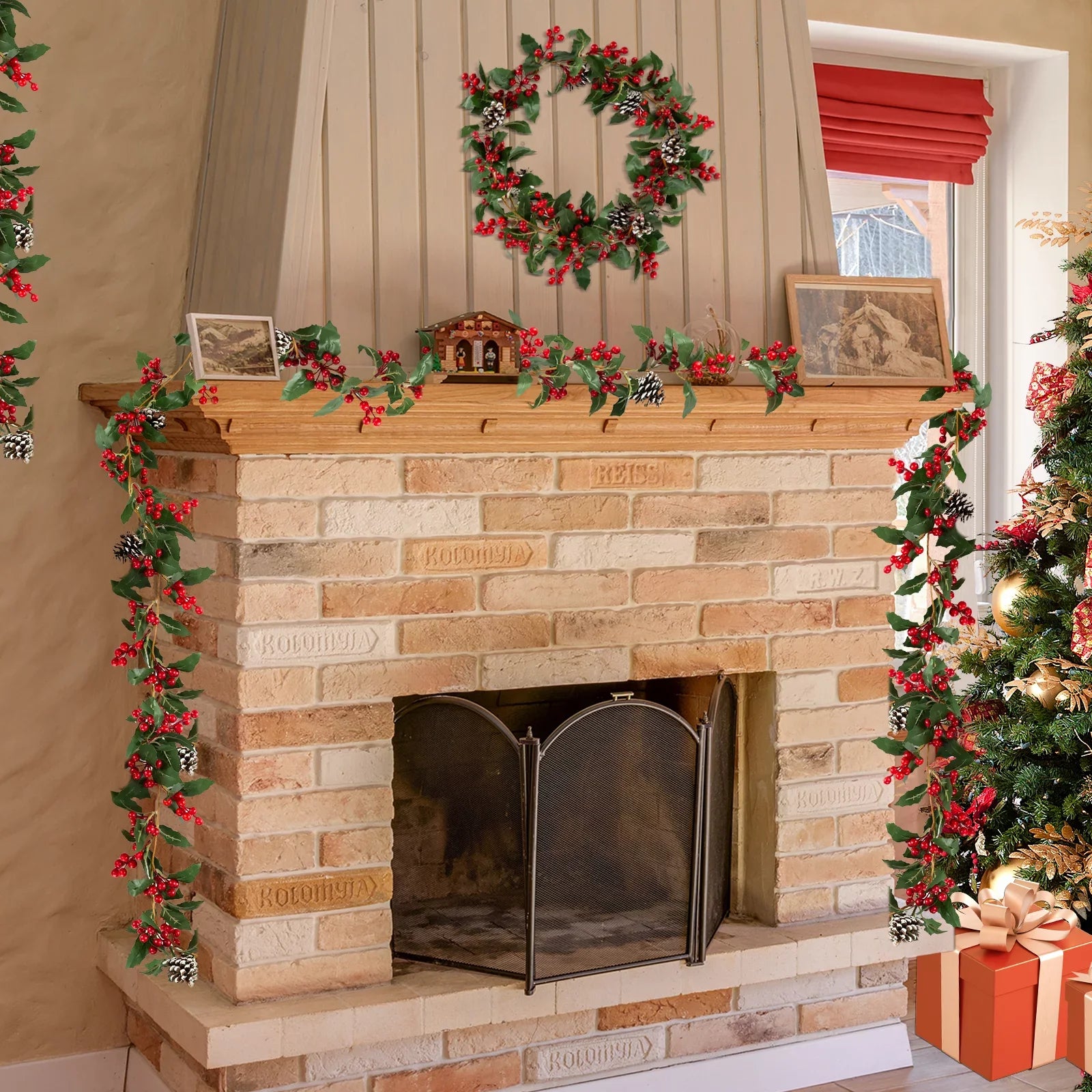 Berry Christmas Pcs Blosmon Door DIY Christmas Garland Fireplace for Kitchen Red 5.9Ft Party Leaves Outdoor 2 Holiday Garland Decor Decorations Artificial Indoor Pinecones
