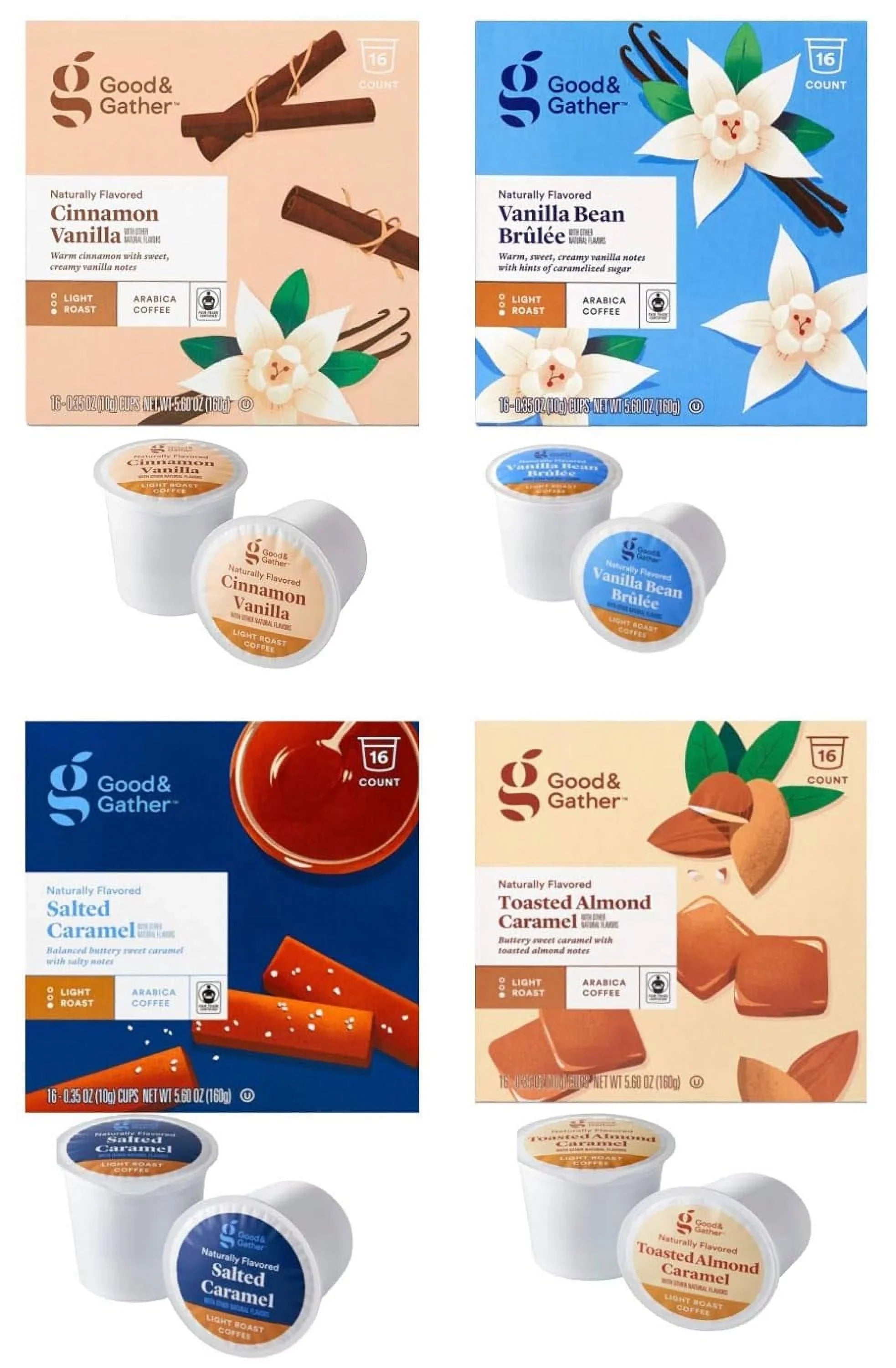 Pods Vanilla, Gather Vanilla Salted Cinnamon Flavored Single Coffee Count(Pack 4) of Toasted Flavors Brulee 4 Good and and of Bean Almond Certified,16 Caramel, Fair Serve Carmel Trade Bundle Naturally