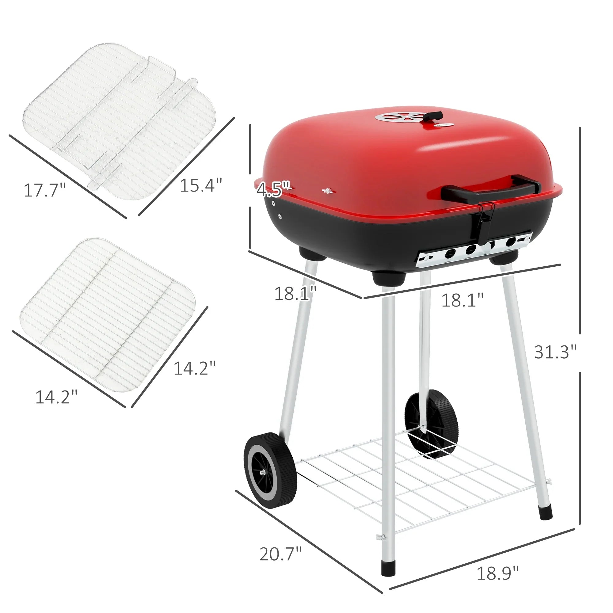 Red Charcoal Outsunny Wheels with Portable Shelf Grill Bottom Picnic, for