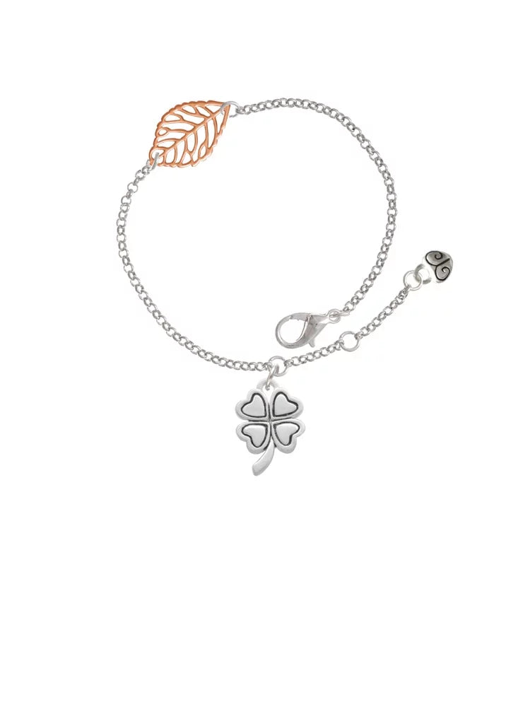 Four Delight Leaf Delicate Leaf 6.25+1.75" Silvertone Bracelet, - Clover Jewelry Rose Antiqued Goldtone