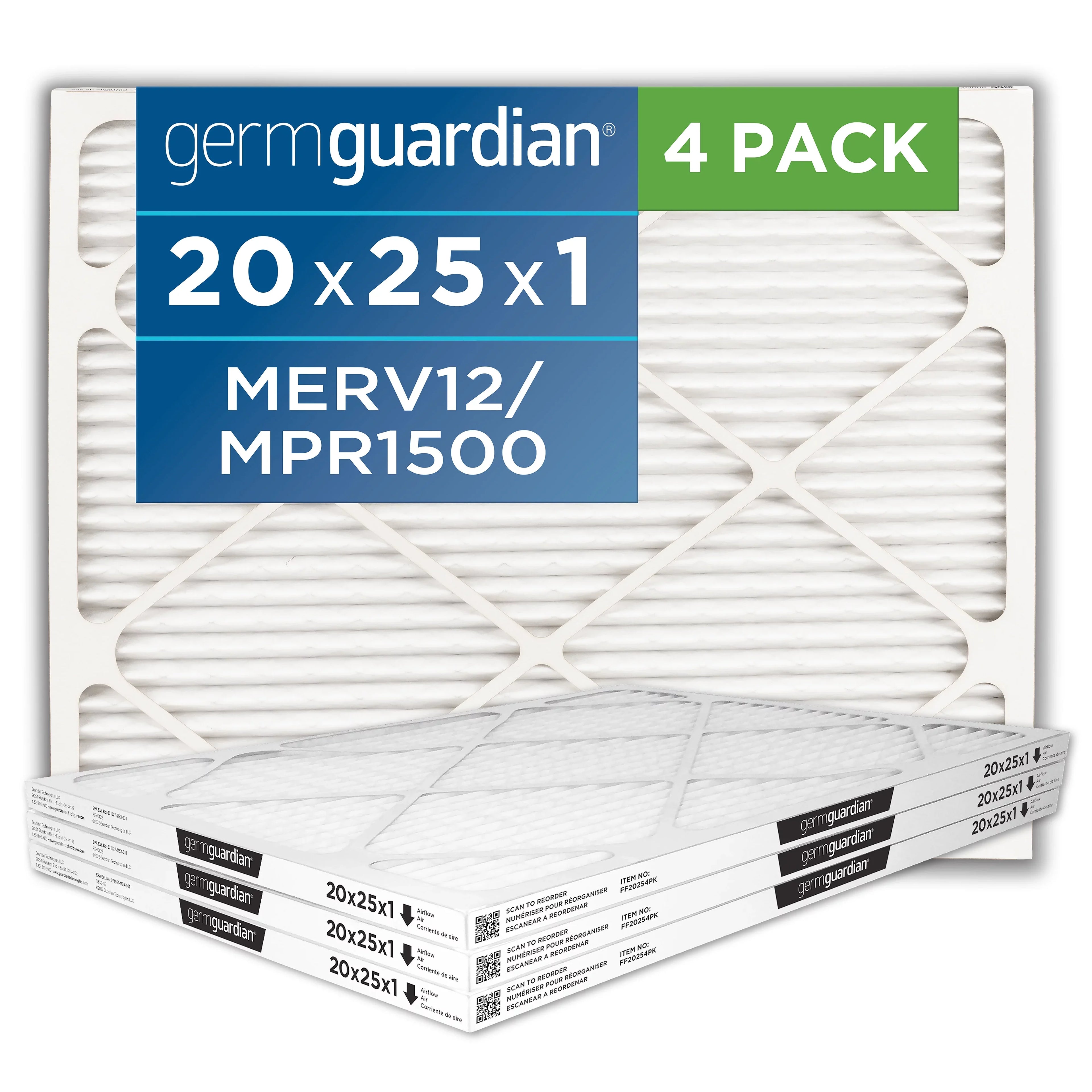 Pleated x (4-Pack) MERV Filters 1 HVAC Furnace AC Germ 25 12 x Guardian 20 Air