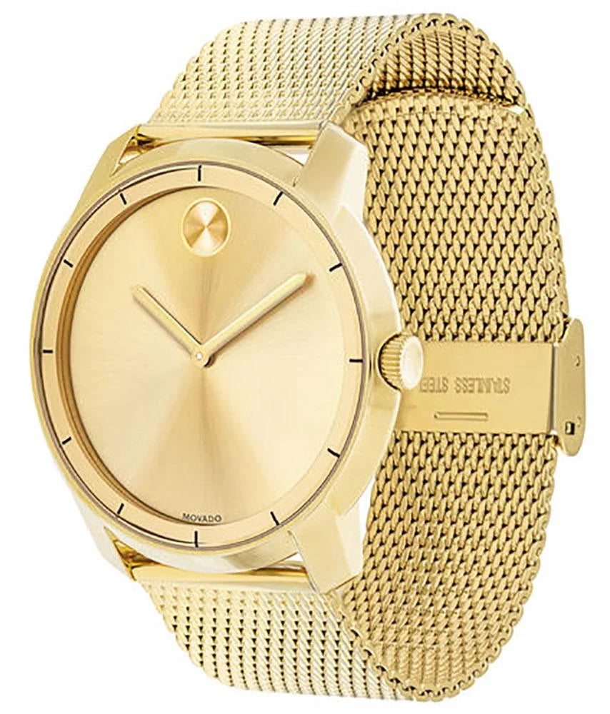 Movado Gold Steel Mens Quartz Gold-Tone Mesh Watch Band Dial Stainless Bold 3600373