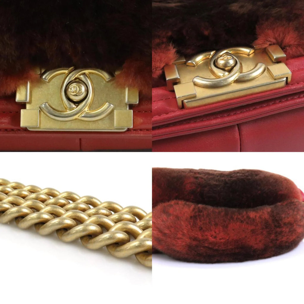 brown Pre-Owned e55871a gold Chanel ladies handbag shoulder diagonal boy red fur/leather bag CHANEL (Good)