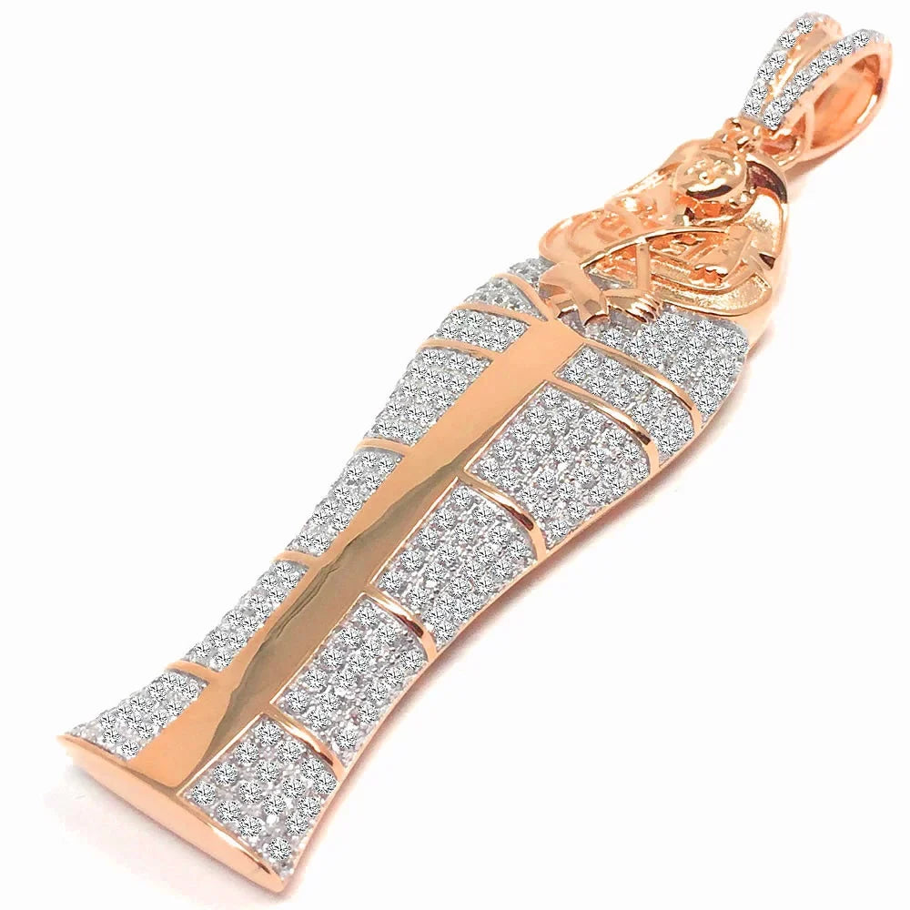 Diamonds Pharaoh 3.25'' XL King Real 10K Tut Silver Egyptian Sterling Lab Gold Rose Charm Pendant On Mummy