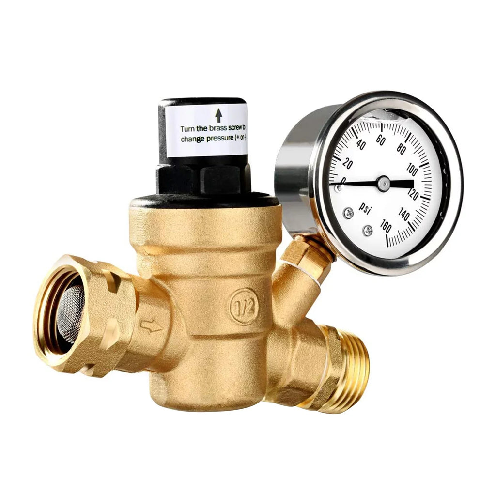 Lead-Free - Adjustable Water Travel Inlet and Gauge with Filter, Valve 0-160PSI Regulator Ideal Pressure Brass, and Screened for Trailers RV