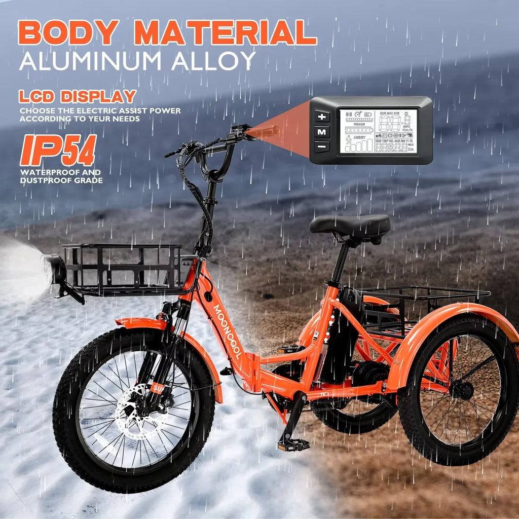 Bikes, 3 Tire MOPHOTO Women, Men Motorized Electric 48V for Folding Step-Thru Tricycle Tricycle Electric Wheel Electric Senior, 14.5Ah 1-Speed for Fat 20" Electric Adult, 16MPH Trike 500W