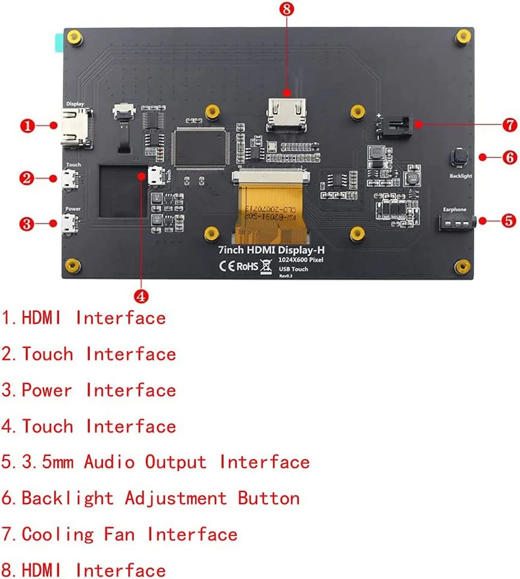 HDMI HDMI Stand-H HD Treedix Display IPS Display Compatible 7 inch Touchscreen Drive-Free LCD Raspberry with 1024x600 3B+/4B with Monitor Monitor Pi