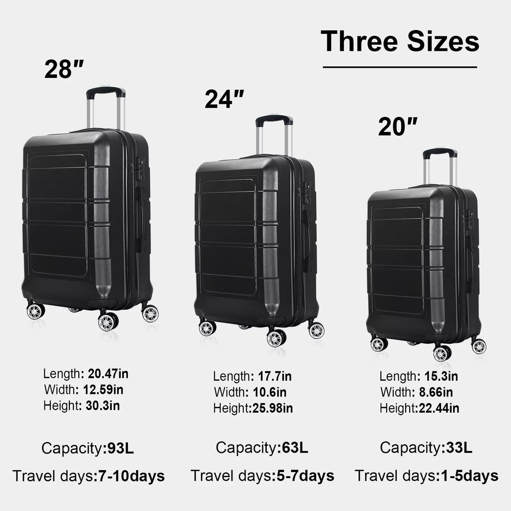 Hardside Black Pcs 3 AEDILYS and 20"/24"/28" Luggage Luggage Set, Lock TSA with Bags,