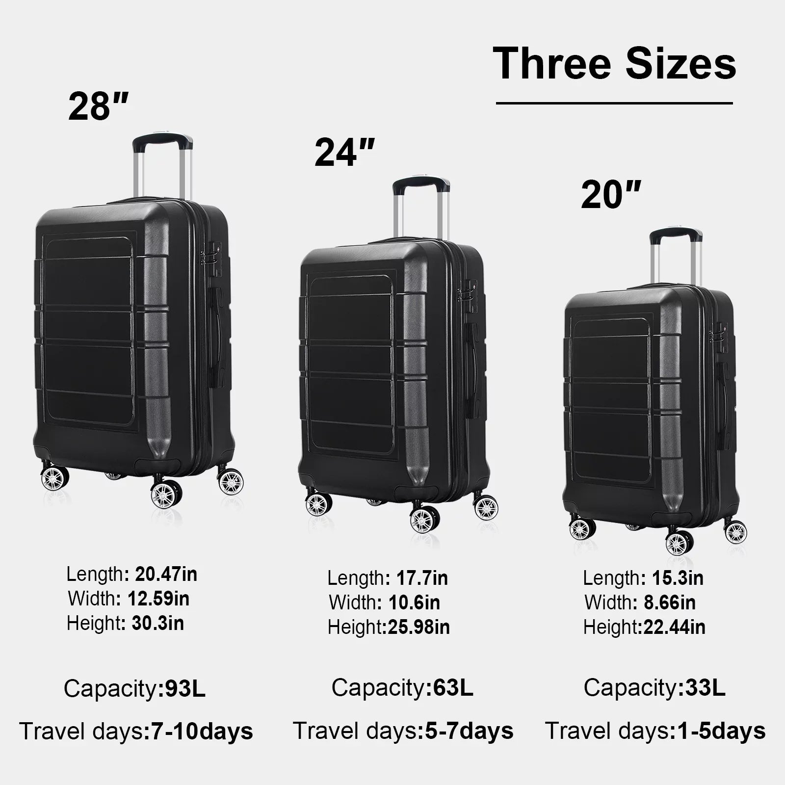Hardside Black Pcs 3 AEDILYS and 20"/24"/28" Luggage Luggage Set, Lock TSA with Bags,