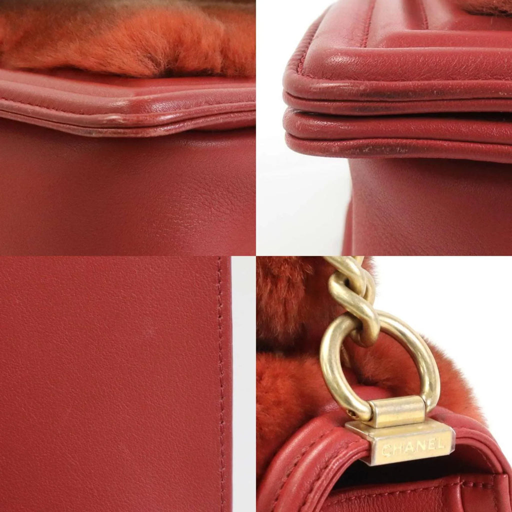 brown Pre-Owned e55871a gold Chanel ladies handbag shoulder diagonal boy red fur/leather bag CHANEL (Good)