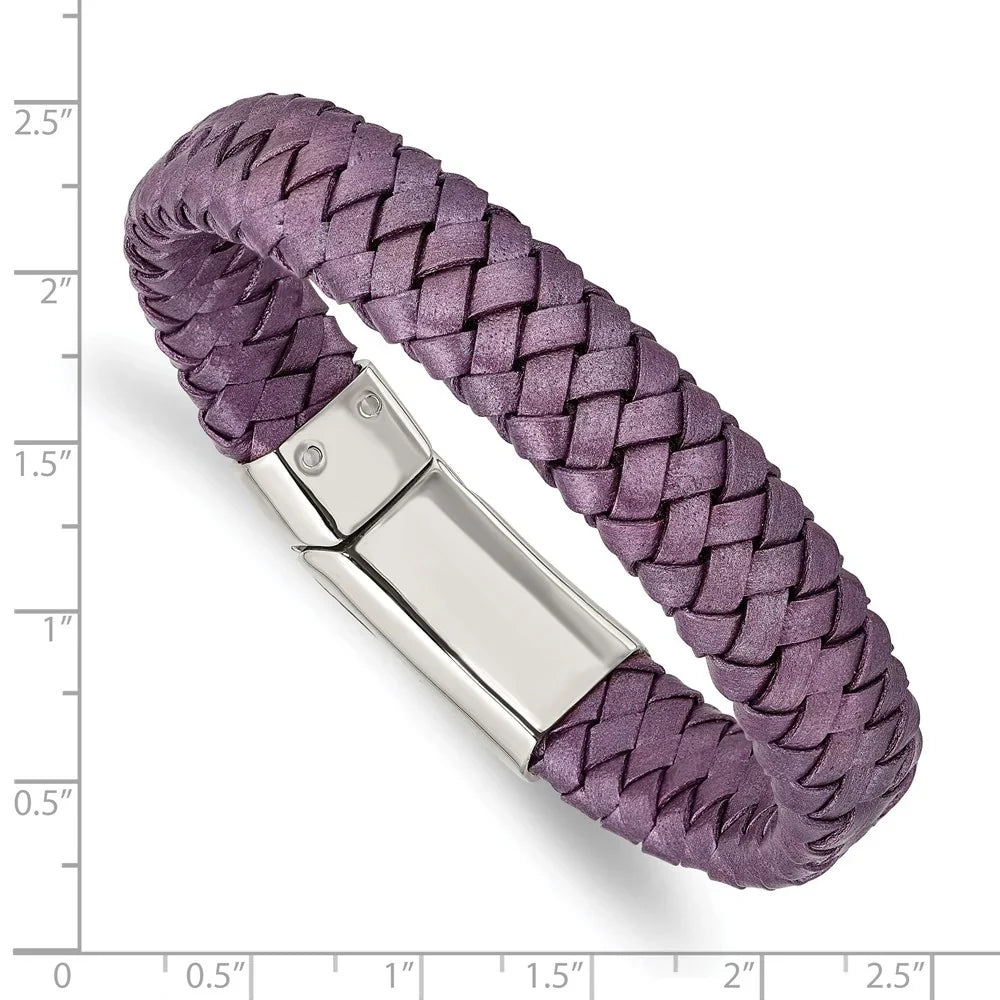 Leather in Steel mm Rubber Purple Stainless Bracelet 7.5 16 Chisel & Braided Metallic Cord, Polished Women's