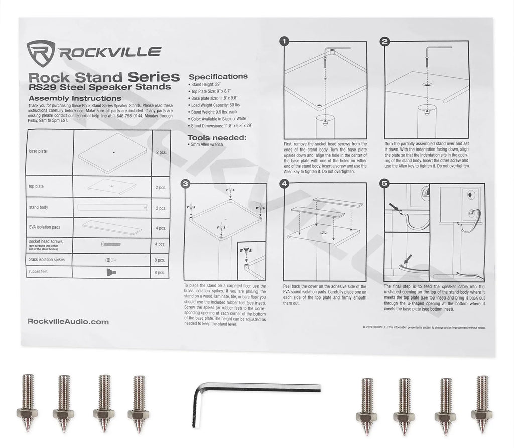 Rockville Steel Speaker Studio Monitor Black - Pair Stands Bookshelf and RS29B 29"