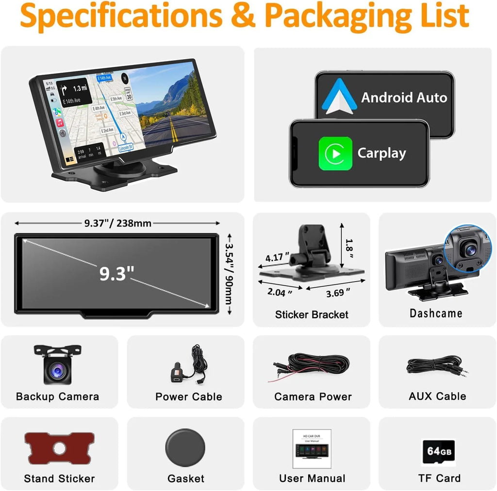 GPS Navigation Auto, - with Car HD Unit, IPS Screen, Backup 9" Bluetooth, Portable Cam Dash Camera, Stereo CAIHONG Wireless Car Loop 2.5K Receiver 1080p Recording, Head Radio Carplay Android