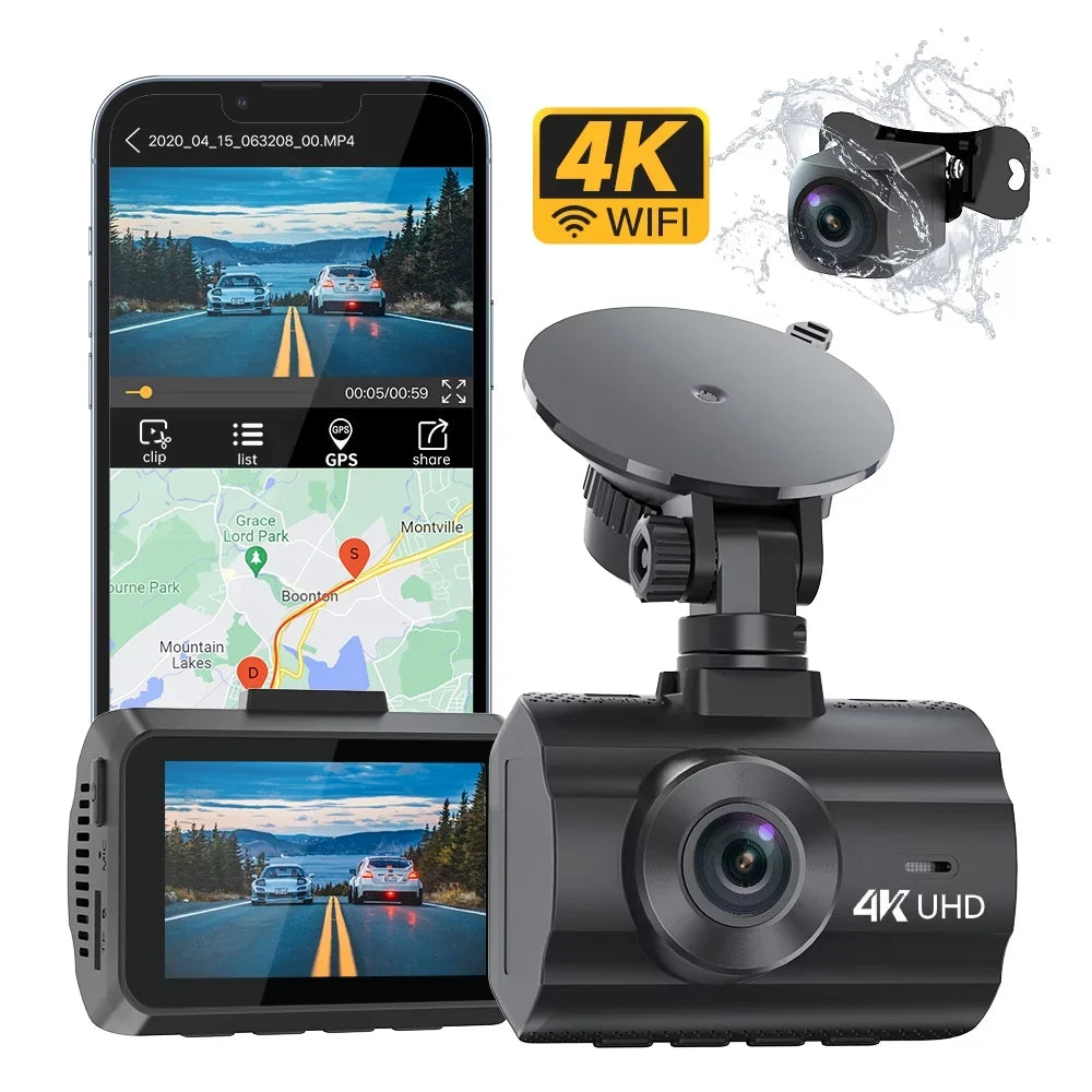 Angle, Rear, Cam G-Sensor,Black Dash WiFi Vision,Parking Car Screen, Mode, Dashcam and with WDR, GPS,4K+1080P LCD Night Front 170° Dash Wide 2" 4K Camera,