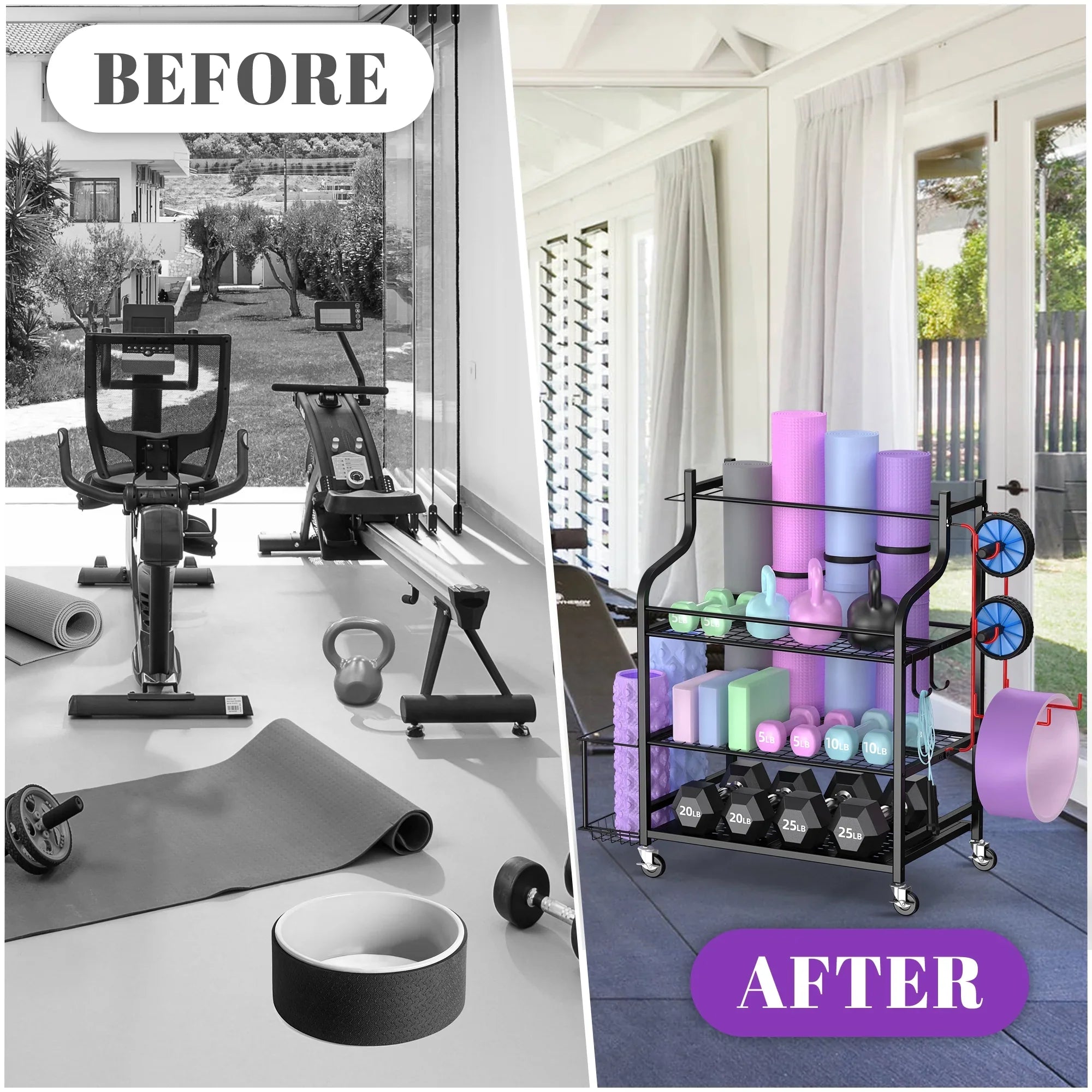 Mat Hooks with Home Storage Organizer Racks, Workout Yoga Rack, Equipment Wheels Storage Mythinglogic Gym Storage