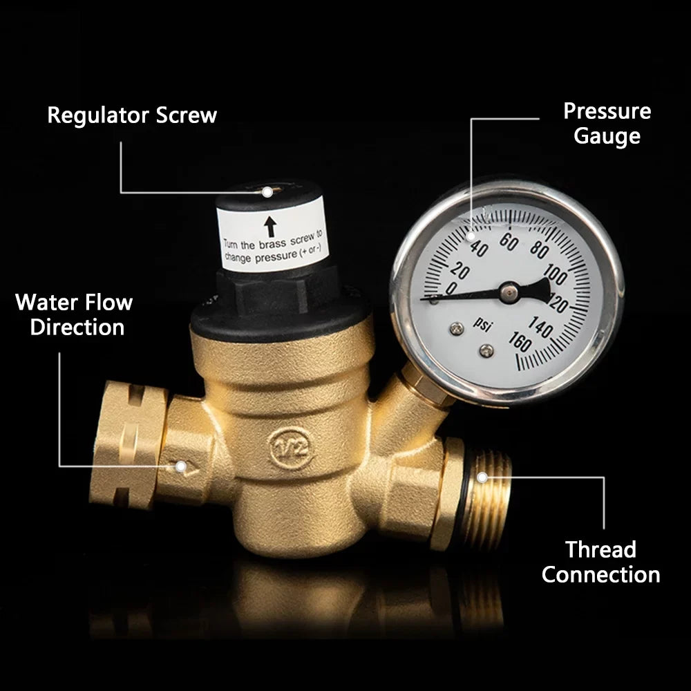 Lead-Free - Adjustable Water Travel Inlet and Gauge with Filter, Valve 0-160PSI Regulator Ideal Pressure Brass, and Screened for Trailers RV
