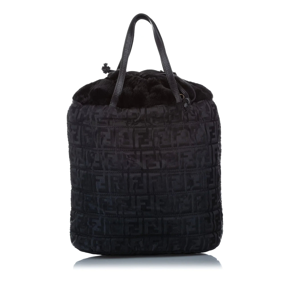 Pre-Owned Fendi (Good) Zucca Bag Fabric Women Drawstring Black Satchel Nylon Tote