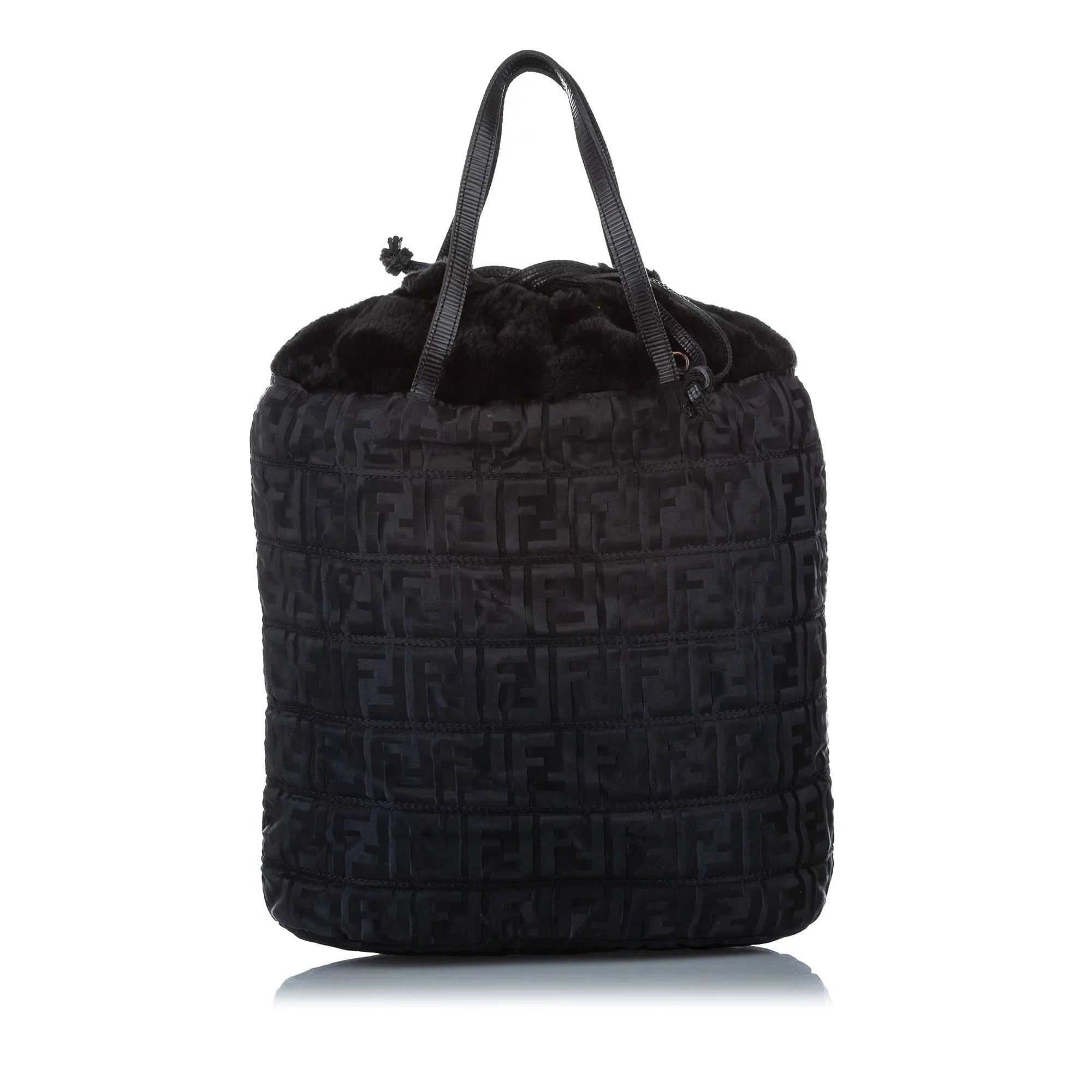 Pre-Owned Fendi (Good) Zucca Bag Fabric Women Drawstring Black Satchel Nylon Tote