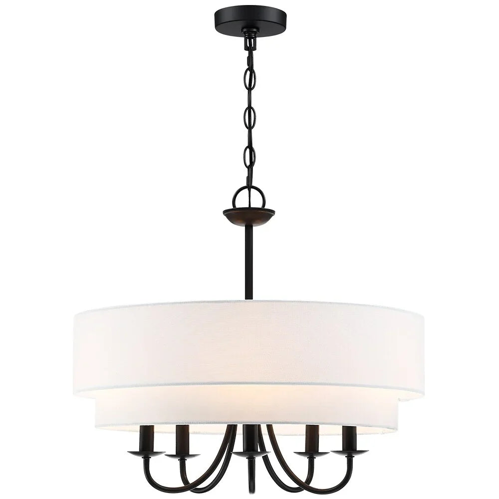 Chandelier FINE 5-Light 21.5"W - TRUE White Light Drum Black Shade Martina with Double