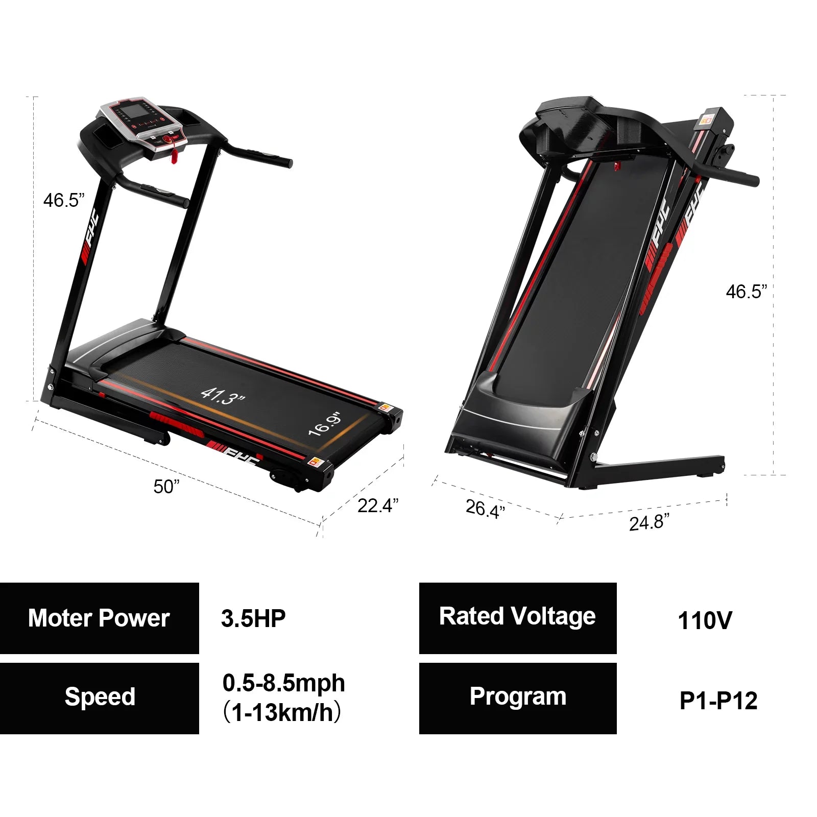 Portable Black 3.5HP Home Pouseayar Treadmills Foldable with - Incline, Folding for
