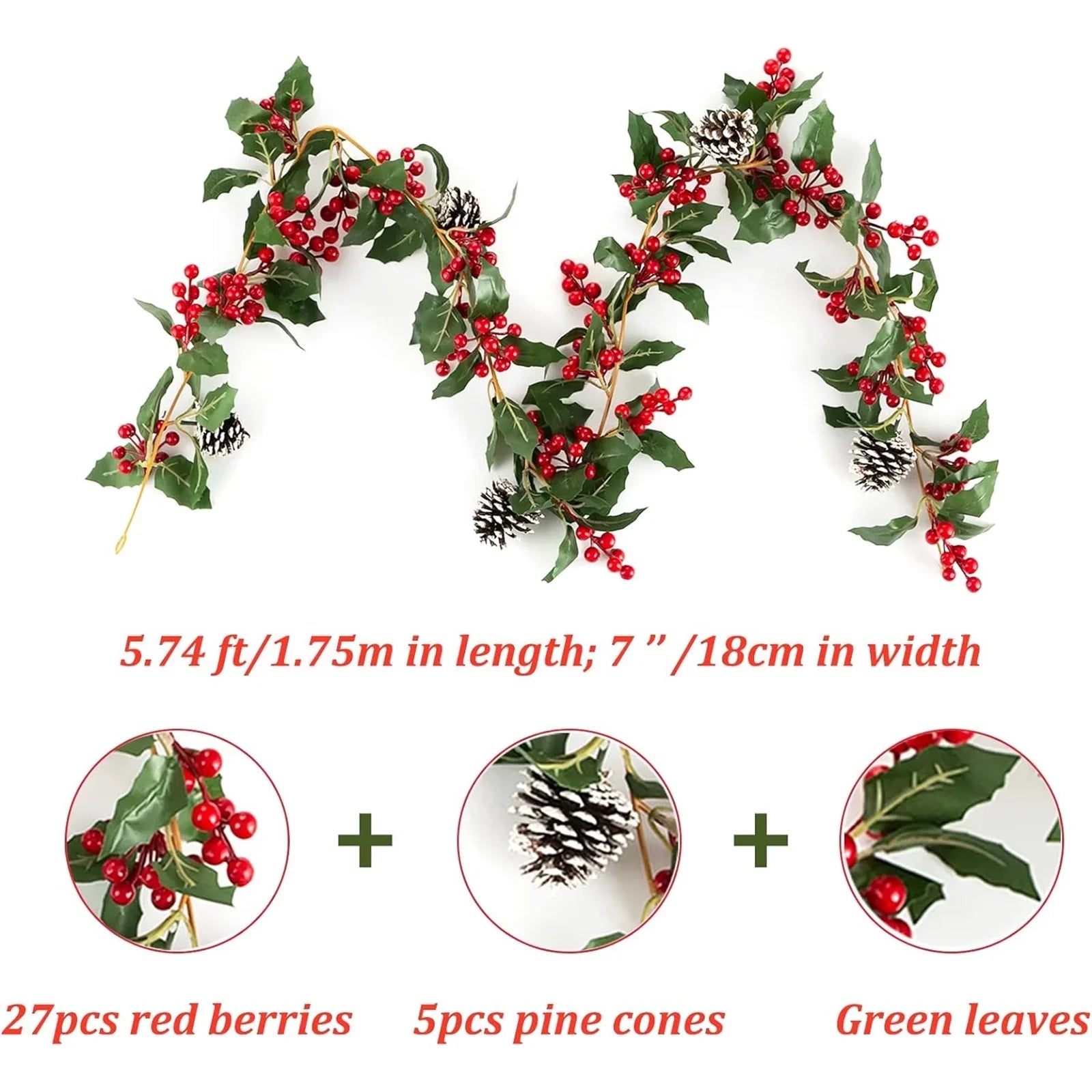 Berry Christmas Pcs Blosmon Door DIY Christmas Garland Fireplace for Kitchen Red 5.9Ft Party Leaves Outdoor 2 Holiday Garland Decor Decorations Artificial Indoor Pinecones