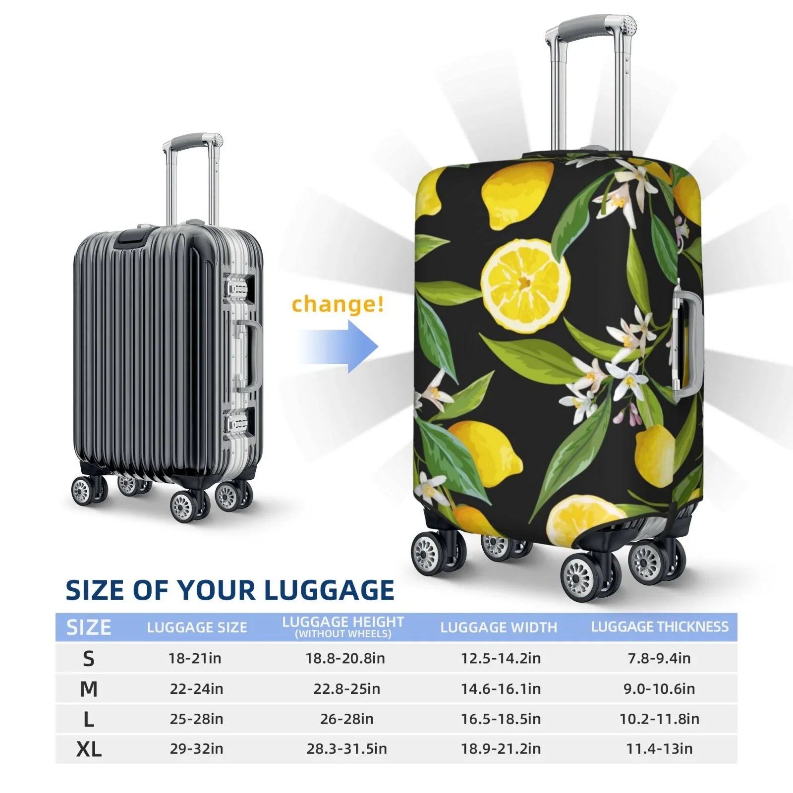 Luggage Flowers Adobk Suitcase Cover, Washable And Leaves Lemon Fruits Luggage Women Cover, Men, Suitcase Covers For Protector Accessories-Small Travel Stretch Suitcase For