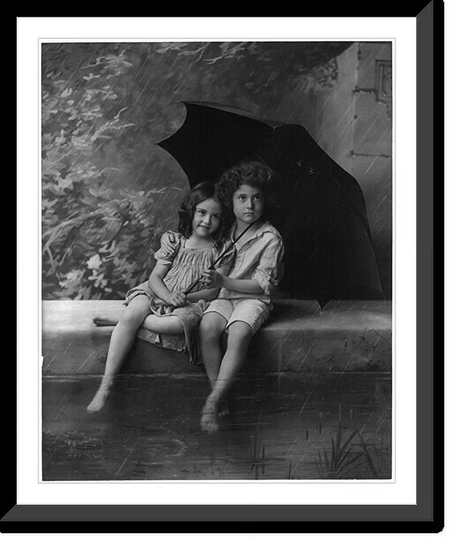 Framed children in umbrella 21-7/8" [2 under x fountain wall, Print, Historic rain], 17-7/8" on
