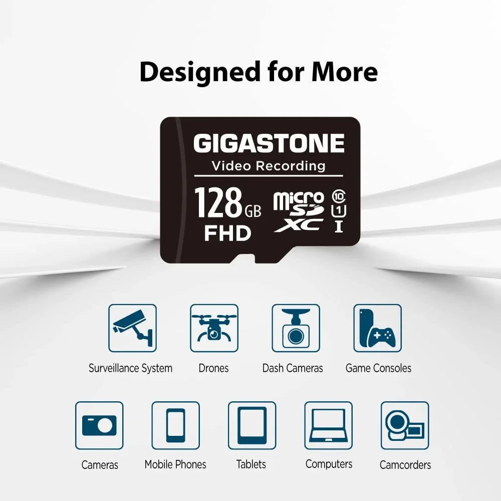 Security Card MicoSDXC Action Surveillance, SD 10, UHS-I Card, 85MB/s Class Camera, Micro Pro, GoPro, Memory 128GB with 5-Pack Adapter-GS-MSD-128-V-5PK-B Camera, 4K Video Drone, Gigastone