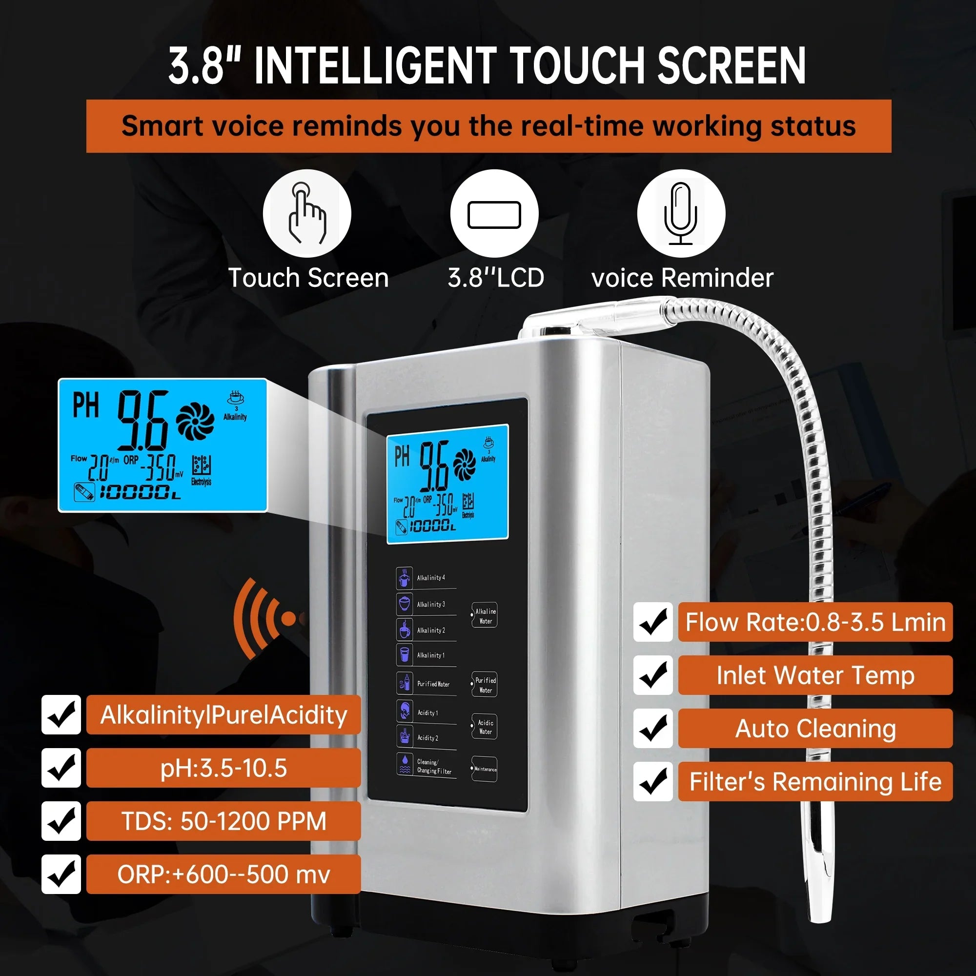 Settings,Auto-Cleaning,Intelligent Water Water Water Filter,7 Alka -500mV Acid to ORP, Alkaline Machine 8000 Purifier Water Per 3.5-10.5 Liters Voice(Silver) PH Machine,Up Ionizer,