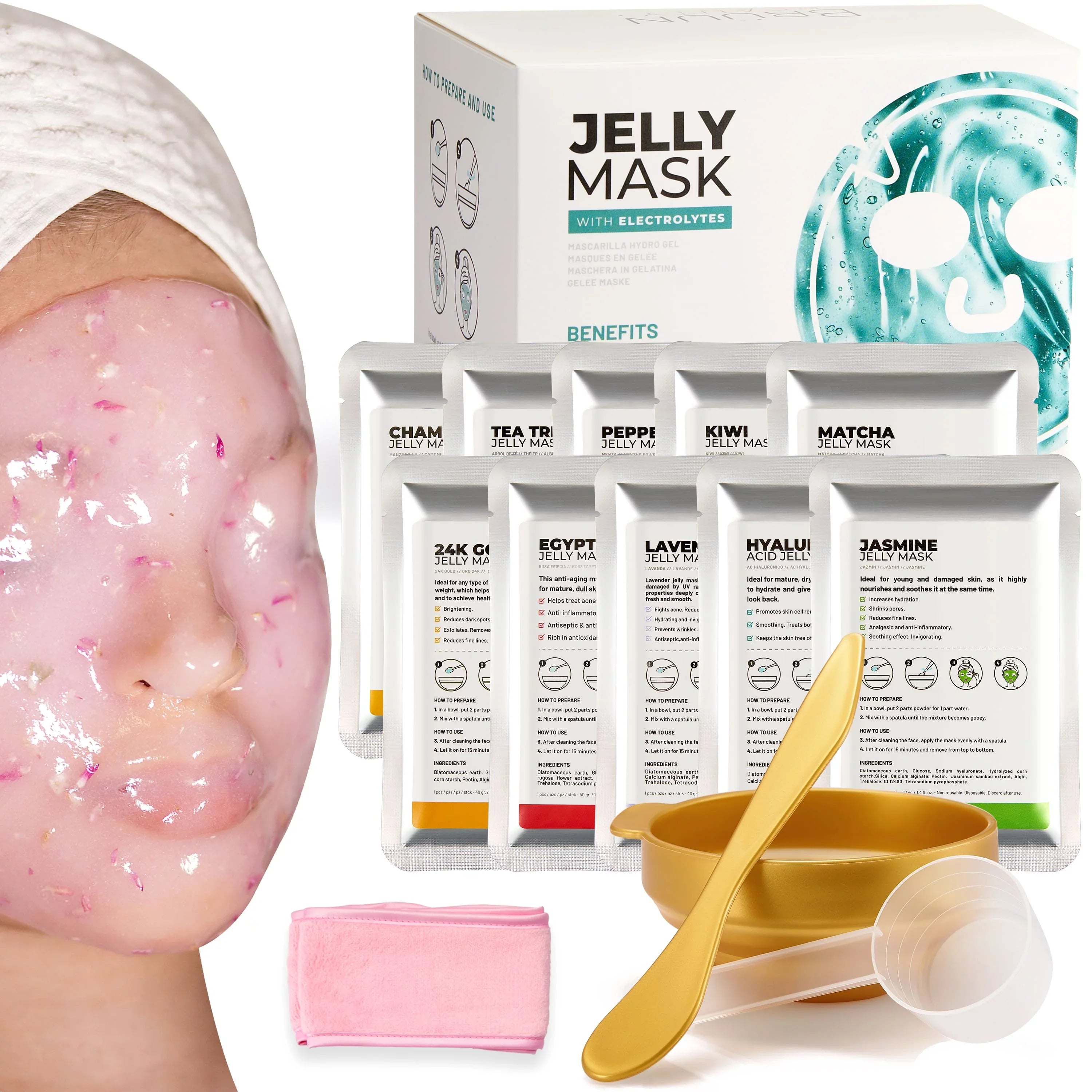 Chamomile, "Rubber Matcha, Lavender, Mask" 10 Egyptian Spa Rose, Mask Jelly Set Peppermint, Peel-Off Premium BRÜUN (24k tree, Treatments Modeling - Kiwi, Jazmine) Tea Gold,