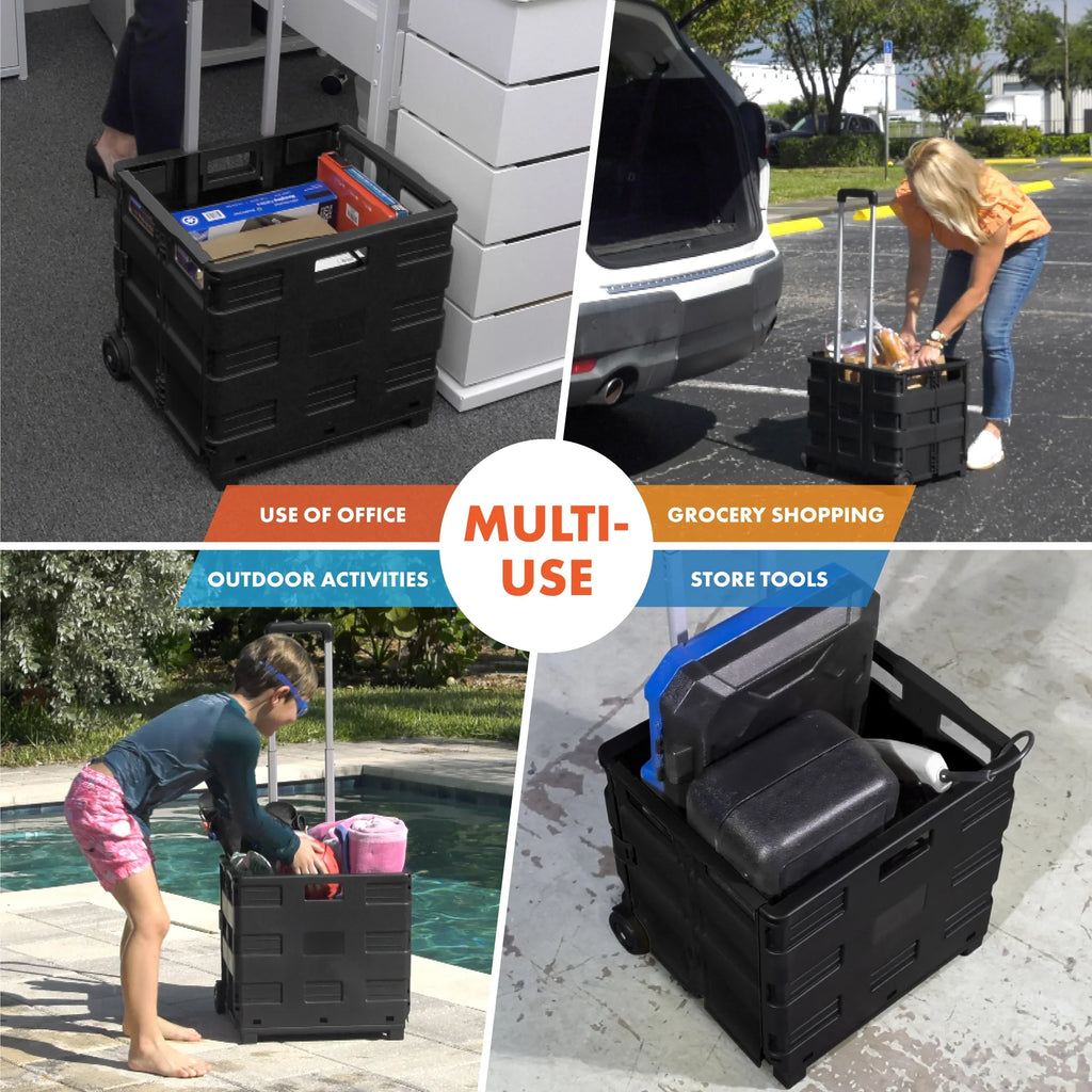 Garden, Ultra-Slim Utility-carts, Handle, Office, Home, Telescopic Rolling use, Black Medium, Pack-N-Roll Storage Collapsible with for School Shopping,