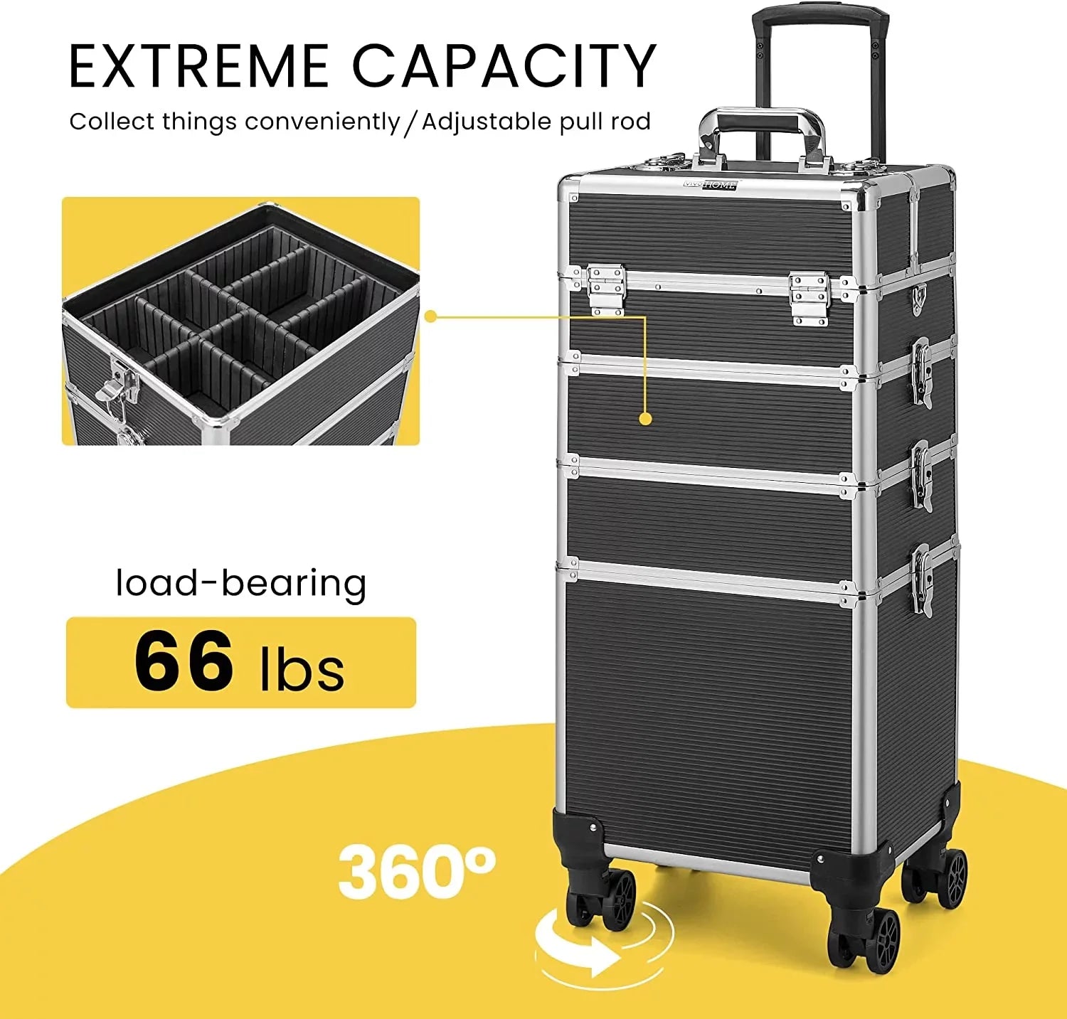 Rolling included) VIVOHOME with not Keys Case Train 4 in Cosmetic Black(Cosmetic are Trolley 2 Straps Shoulder 1 Makeup Aluminum Professional Organizer Box