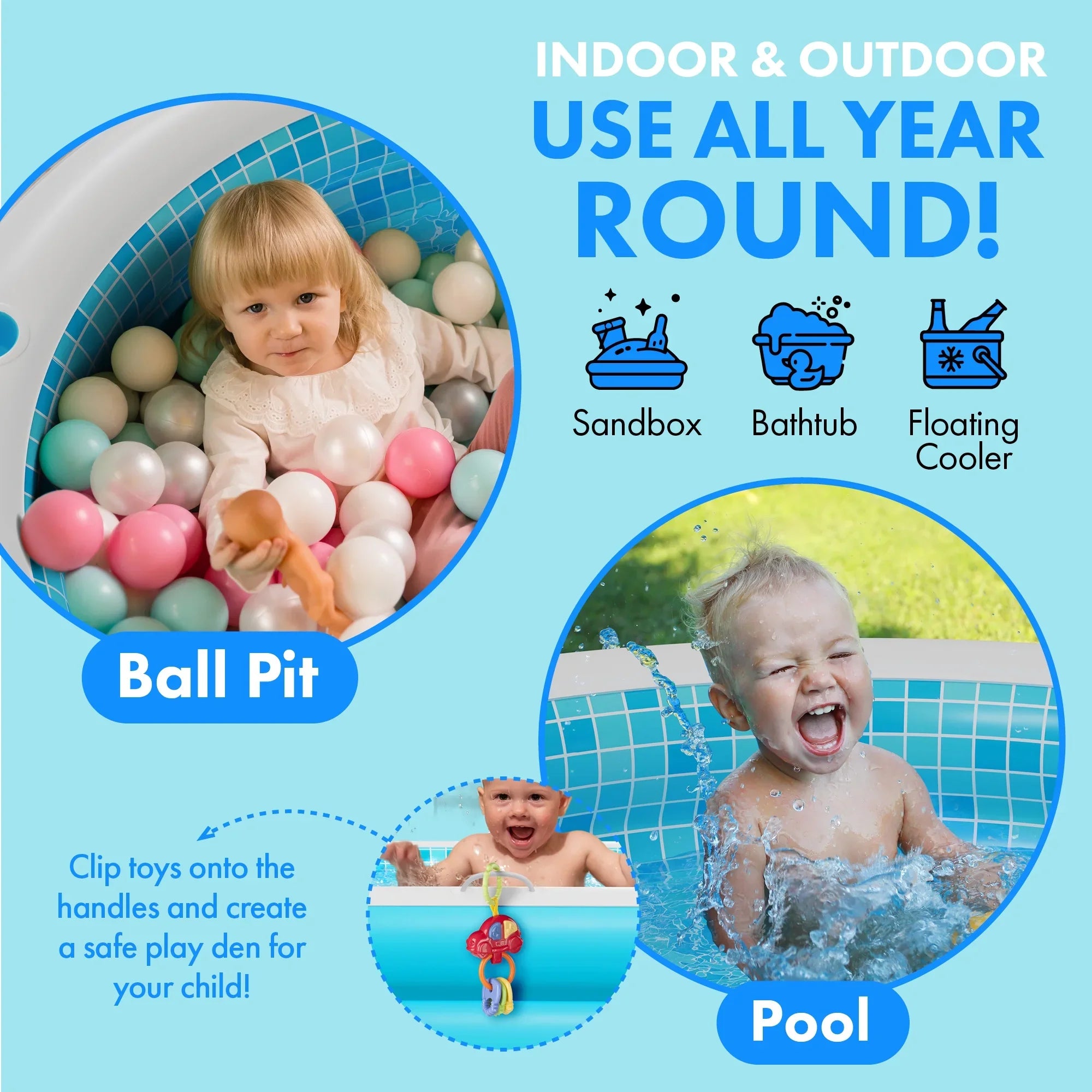 Inflatable Handle Round Up Pool Perfect - for Pool Kid Kiddie Bars Ages Drain 4 Swimming Grip Large Floor Padded Blow and 60"x22" Kids Round Adults 6 with and with 8+ 7 5