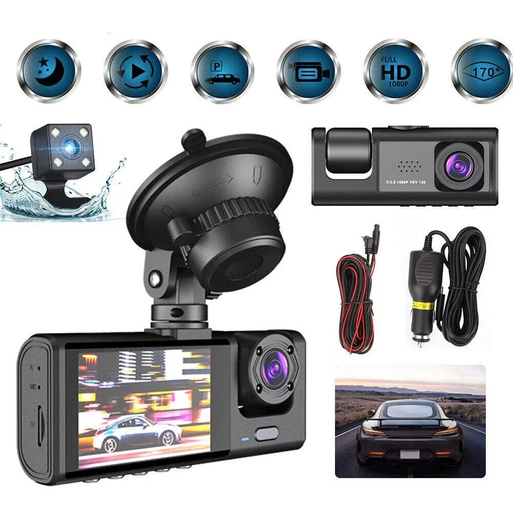 Dash HD Cam G-sensor Recorder Front/Rear/Inside Lens Kqiang Car 1080P Video Dual Camera