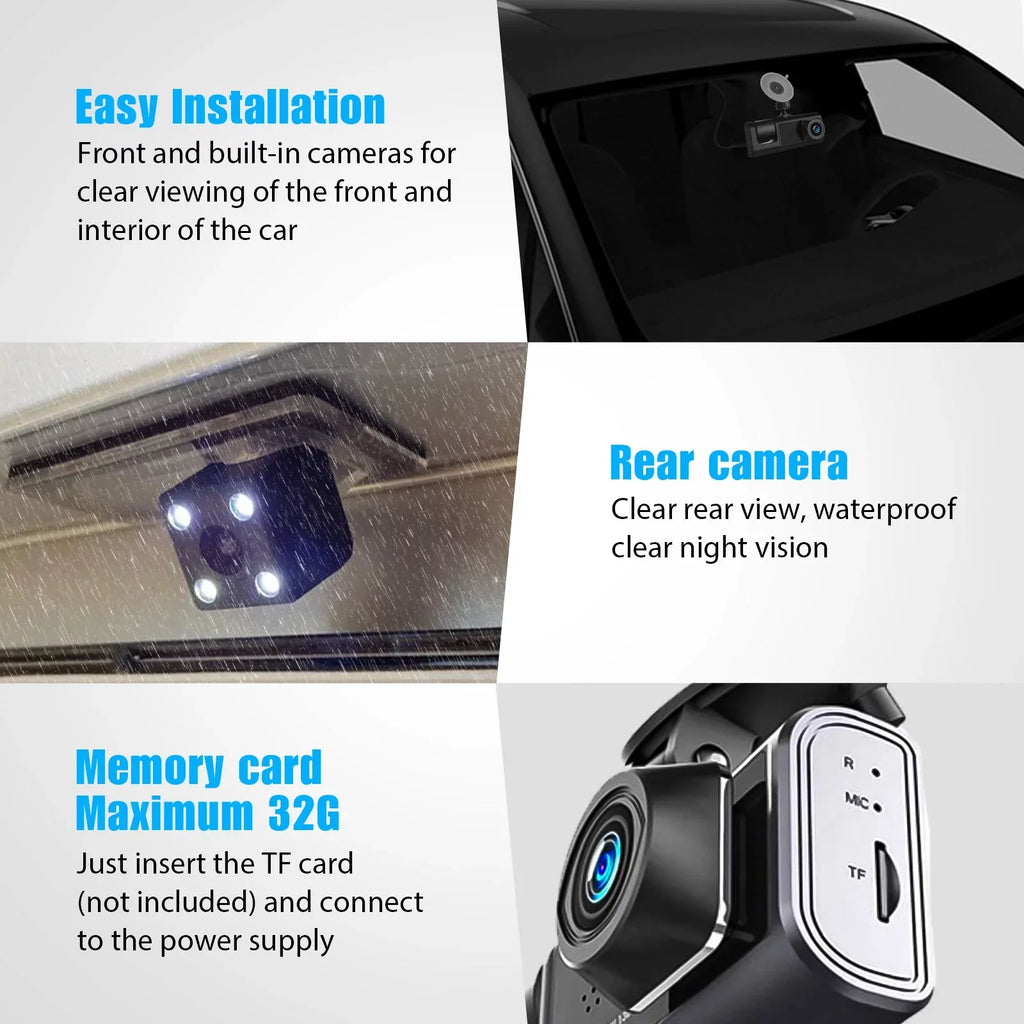 Card, Parking Front W/IR Triple Camera Vision, Night Dash W/32GB Rear Three for Monitor 1080P Loop Car HD Inside Dash and 3 TF G-Sensor, Cam Way Recording, Camera Full Cars, Dashcam Channel