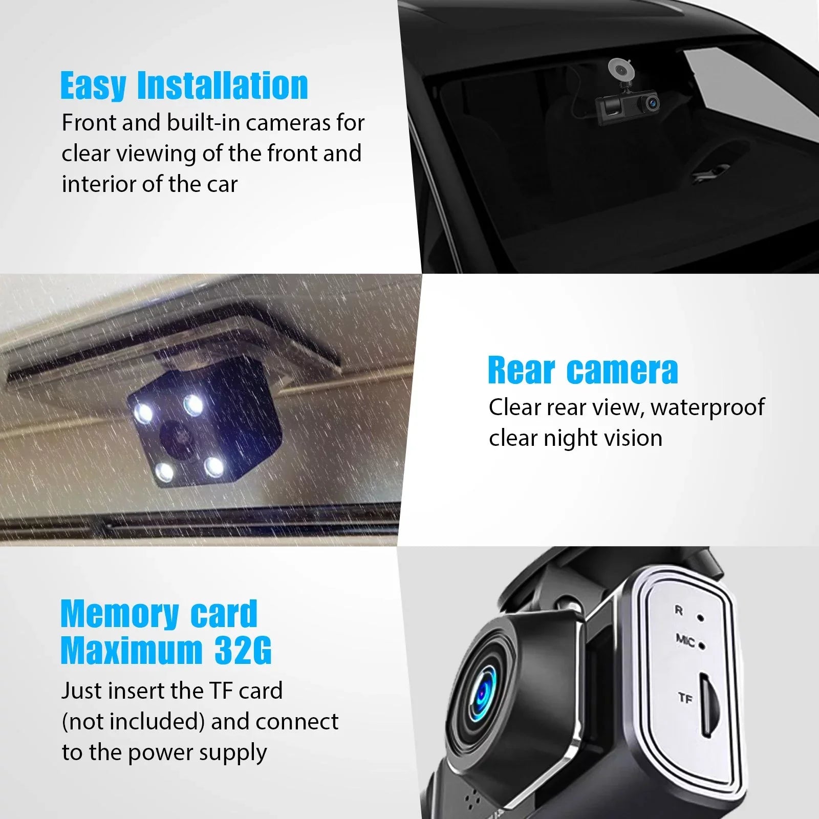 Card, Parking Front W/IR Triple Camera Vision, Night Dash W/32GB Rear Three for Monitor 1080P Loop Car HD Inside Dash and 3 TF G-Sensor, Cam Way Recording, Camera Full Cars, Dashcam Channel