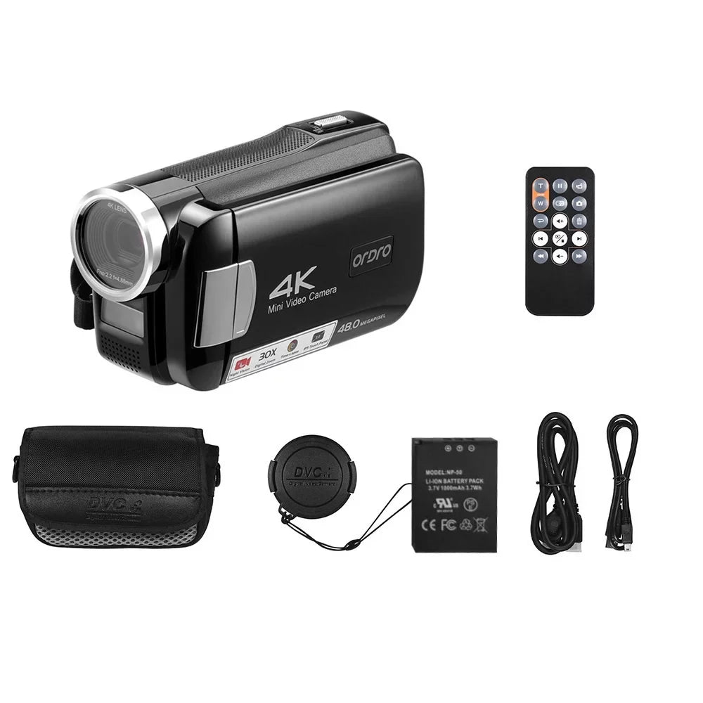Remote Control, 30X with Battery, 48MP, Carry and Camcorder Bag Night ORDRO Digital 4K IPS AC2 3.0 Vision, Zoom, Included Touchscreen, Digital Inch IR