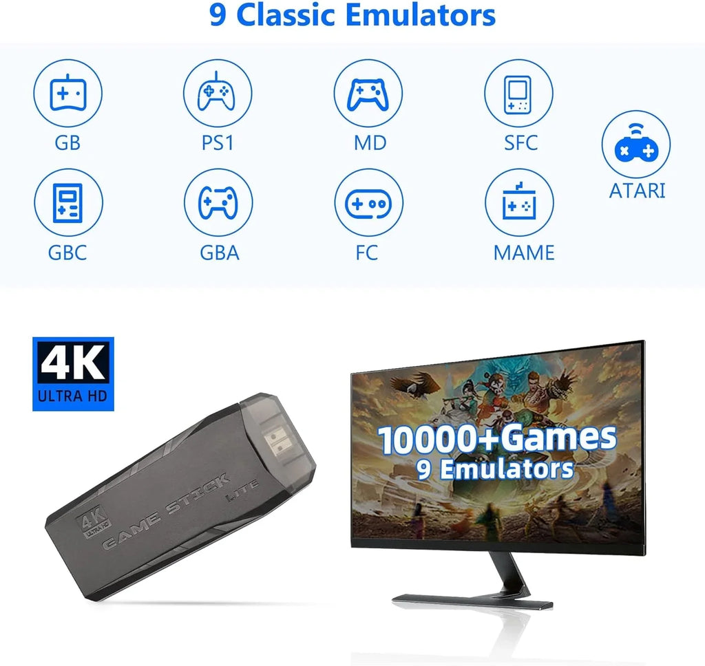 Game (64G) Wireless Retro Built Video Retro 9 Output Plug HD Play Emulators, in Console and 10000+ Stick,Wireless with Stick Game Game 2.4GHz 4K Games, Controllers
