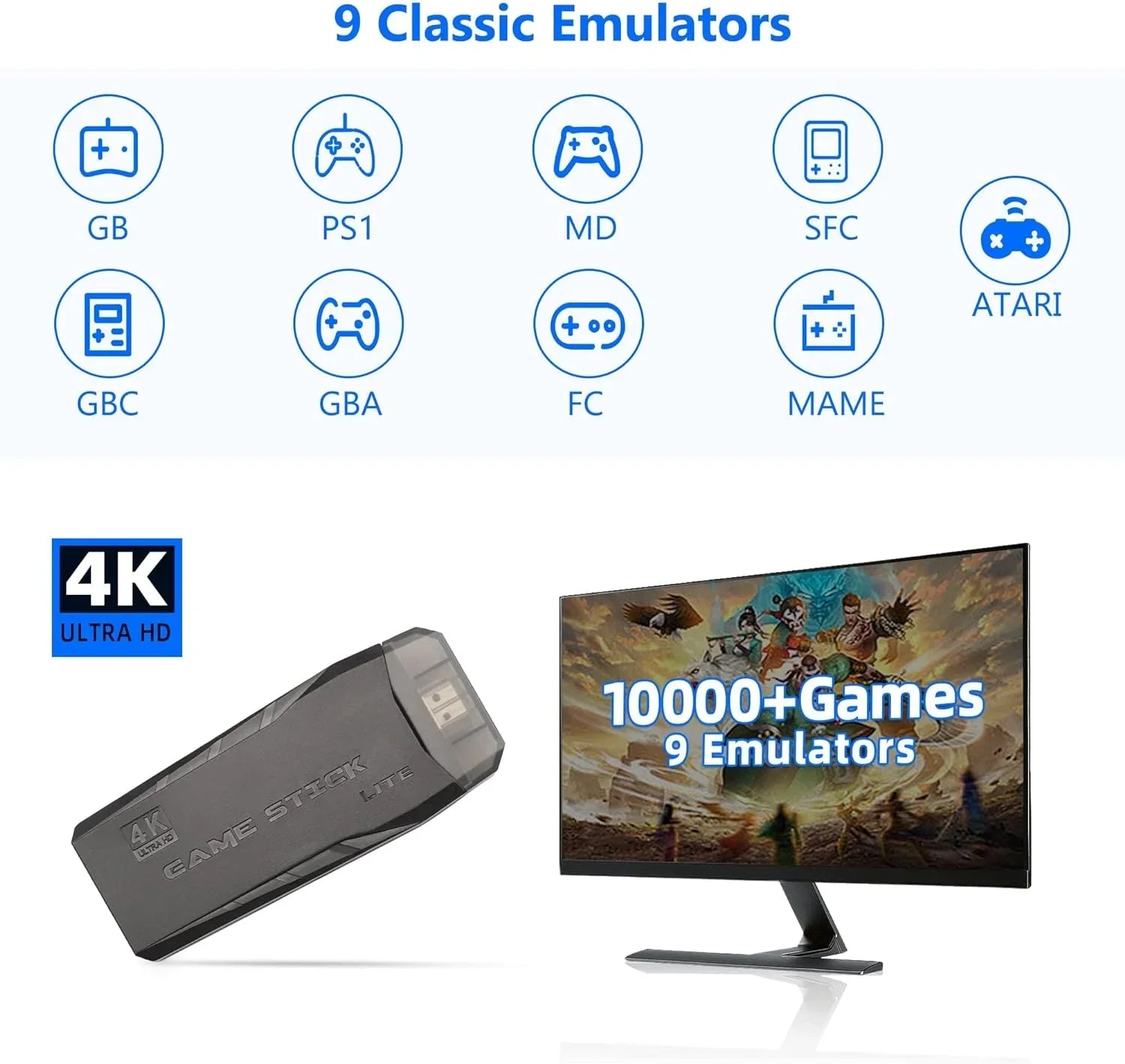 Game (64G) Wireless Retro Built Video Retro 9 Output Plug HD Play Emulators, in Console and 10000+ Stick,Wireless with Stick Game Game 2.4GHz 4K Games, Controllers