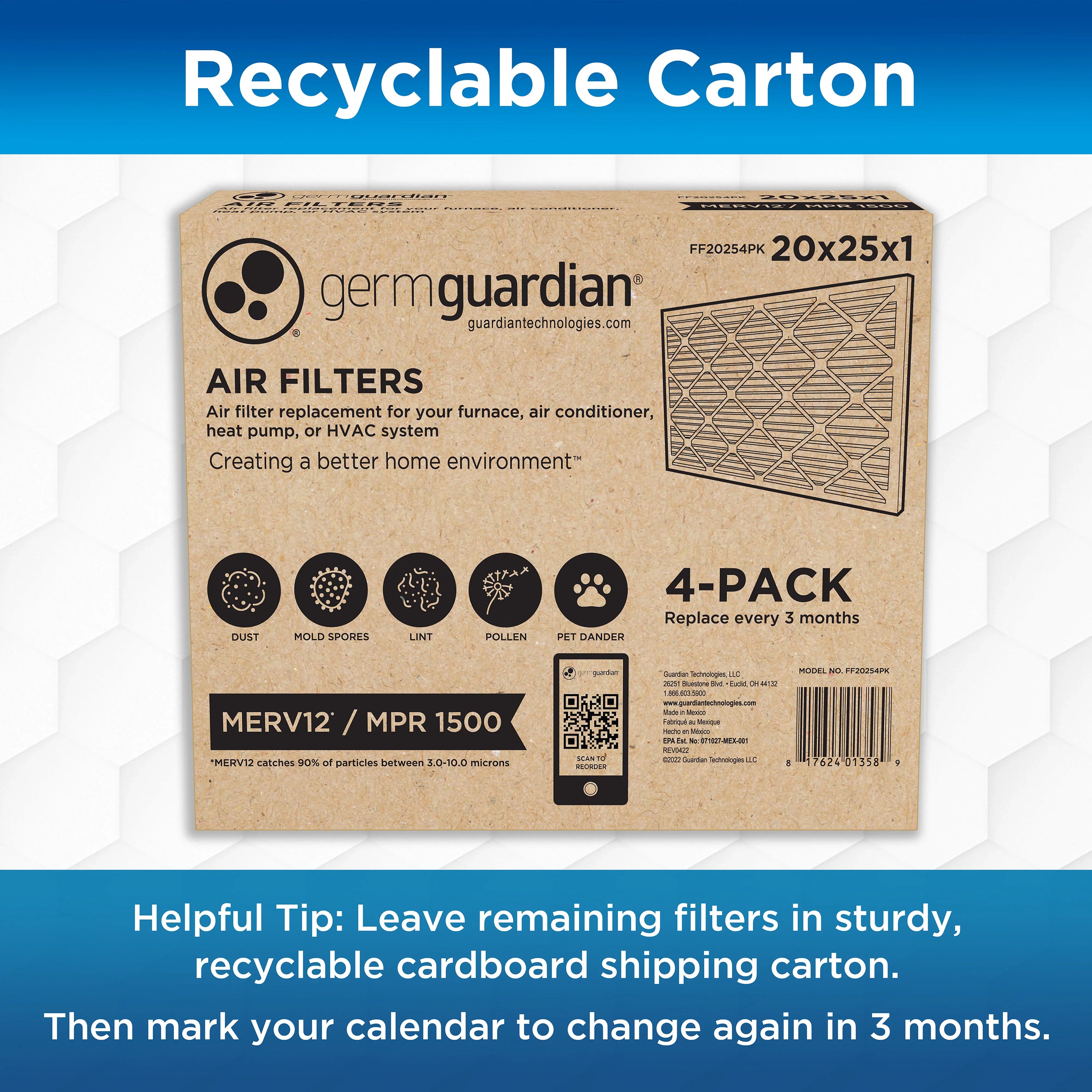 Pleated x (4-Pack) MERV Filters 1 HVAC Furnace AC Germ 25 12 x Guardian 20 Air