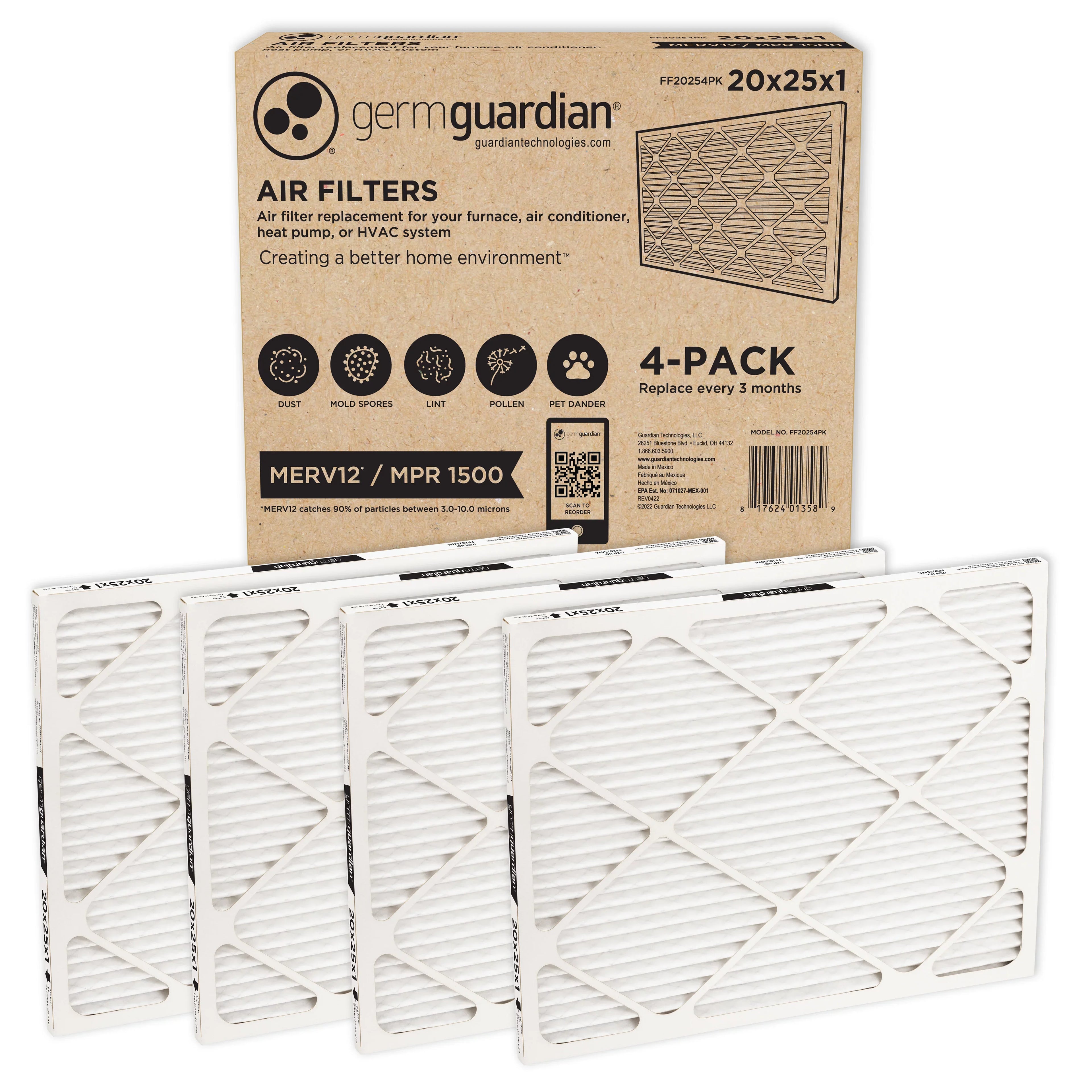 Pleated x (4-Pack) MERV Filters 1 HVAC Furnace AC Germ 25 12 x Guardian 20 Air