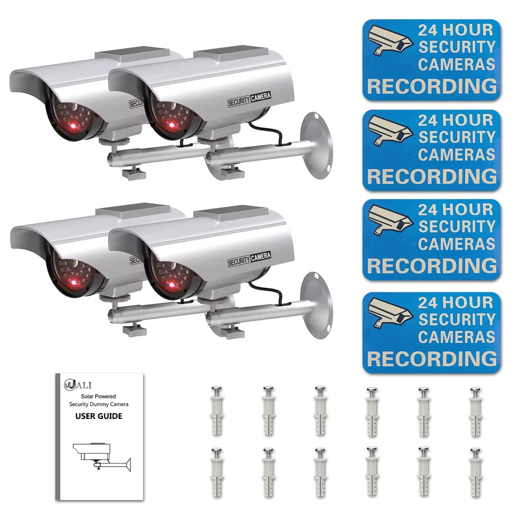 Sticker Surveillance Silver Solar LED CCTV Dummy with Camera Security Indoor Simulated Powered 4 Security 1 Alert Decal Dome Bullet Fake Outdoor (SOLTC-S4), WALI Light, Packs,