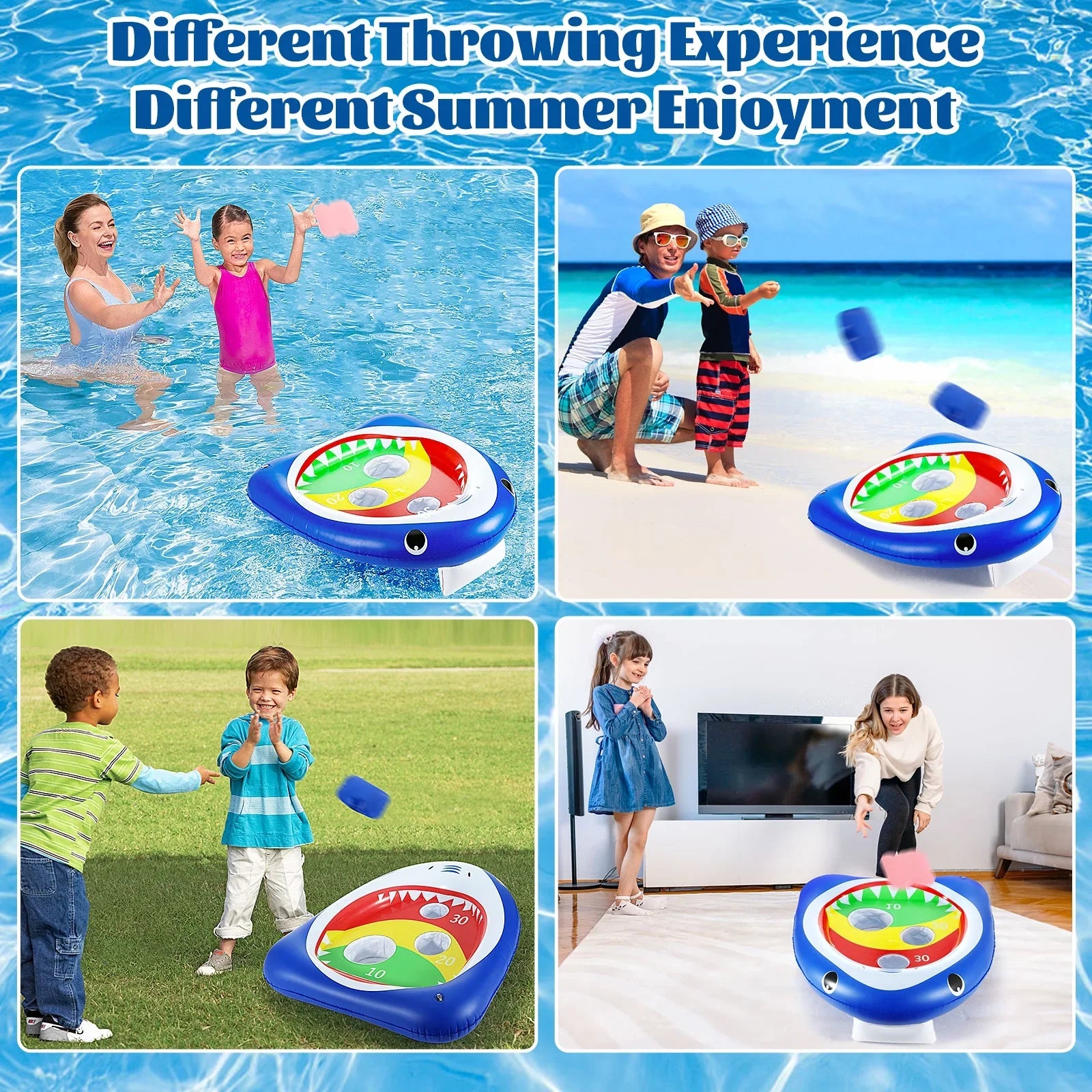 Pool Toy Kids Carnival, MoKo Toss Family 8 Shark Ring Games for Party Inflatable Floating Blue Summer Sandbag, Toys Adults Water with