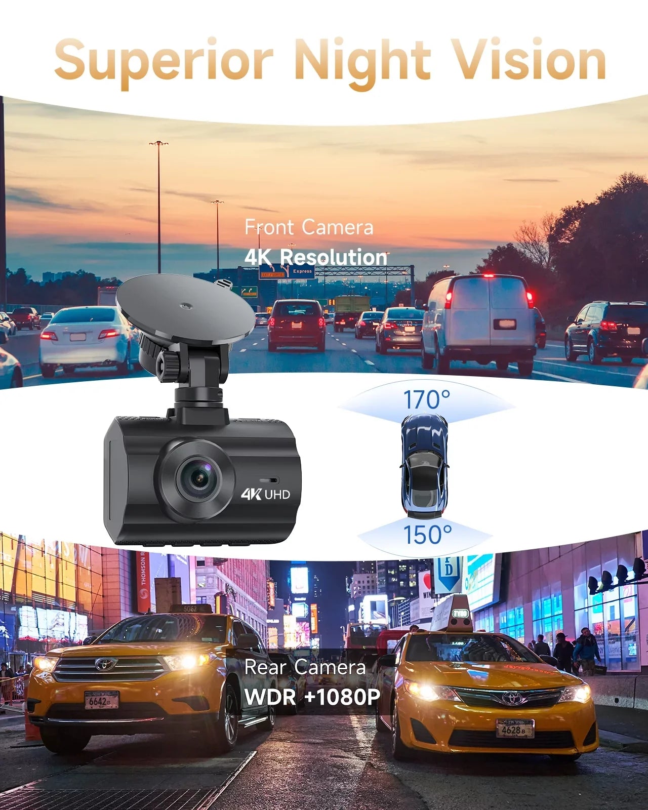 Angle, Rear, Cam G-Sensor,Black Dash WiFi Vision,Parking Car Screen, Mode, Dashcam and with WDR, GPS,4K+1080P LCD Night Front 170° Dash Wide 2" 4K Camera,