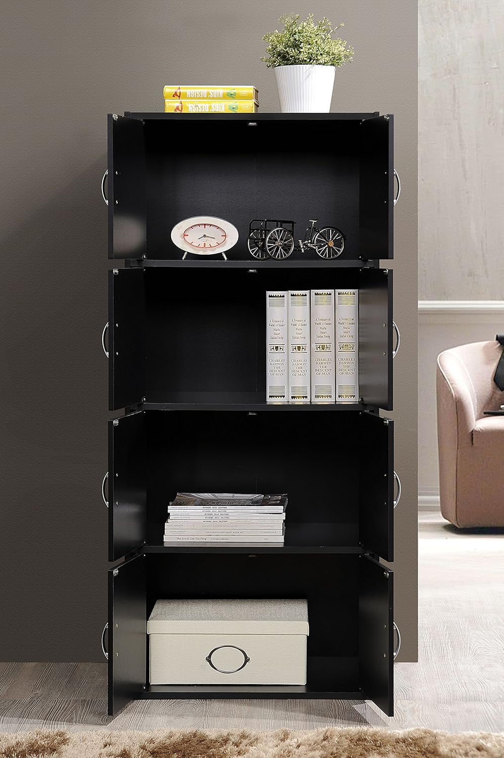 Door HID44 Floor Storage Black 8 Cabinet Modern Shelf 4 Duty Installation Mount with Bookcase Hardware, Wooden Multipurpose Heavy