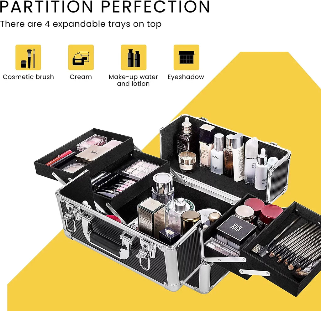 Rolling included) VIVOHOME with not Keys Case Train 4 in Cosmetic Black(Cosmetic are Trolley 2 Straps Shoulder 1 Makeup Aluminum Professional Organizer Box