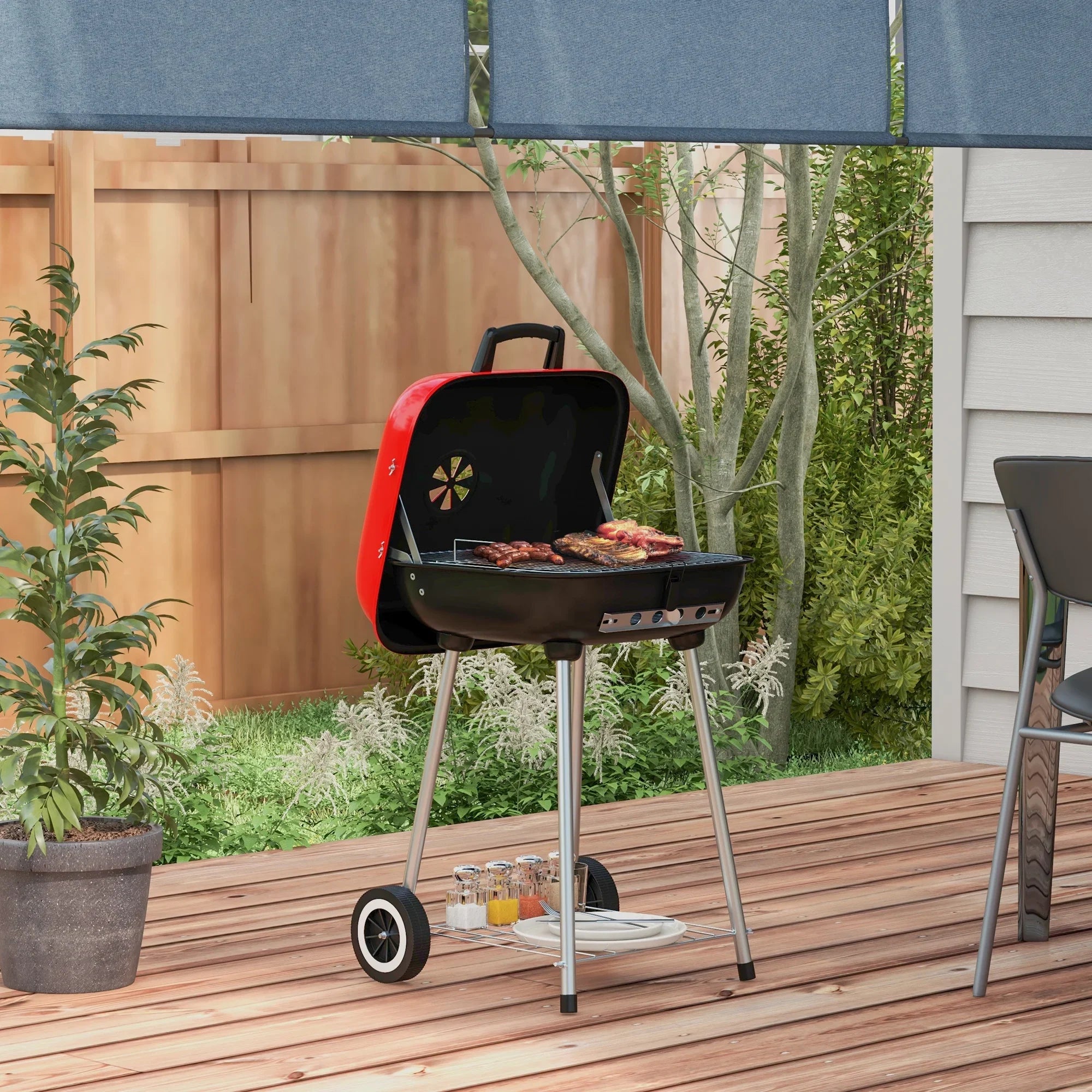 Red Charcoal Outsunny Wheels with Portable Shelf Grill Bottom Picnic, for